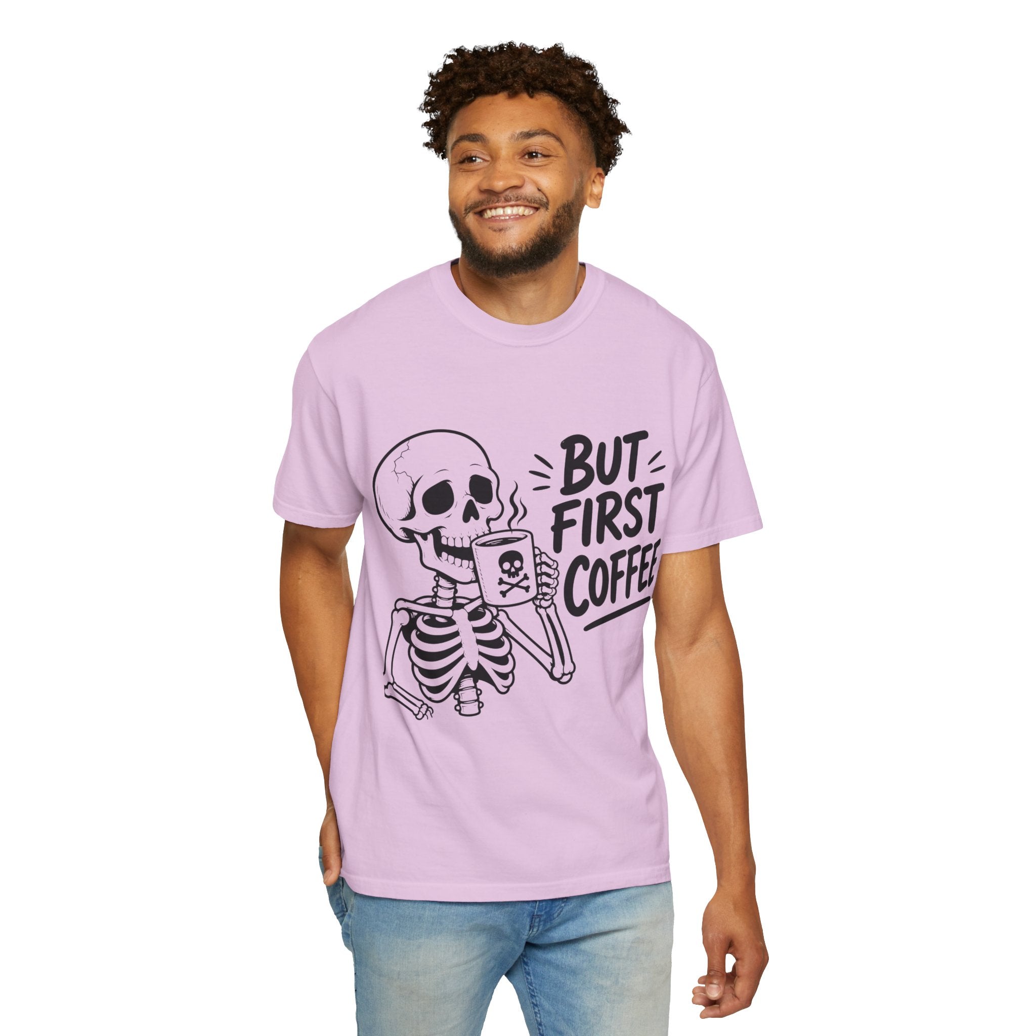 Skeleton Holding Coffee But First Coffee T-Shirt | Coffee Lover Tee