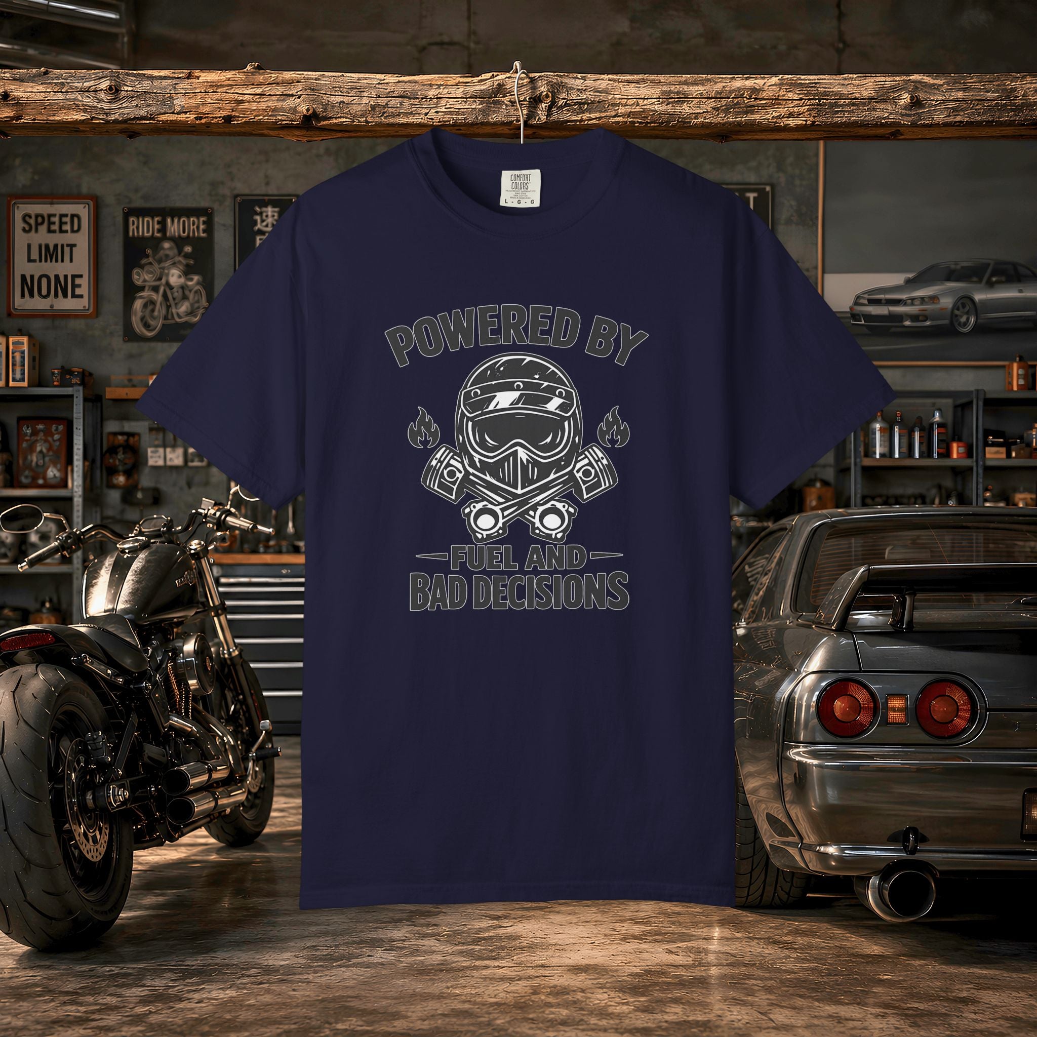 Powered By Fuel And Bad Decisions T-Shirt — Motorcycle Helmet Graphic Tee
