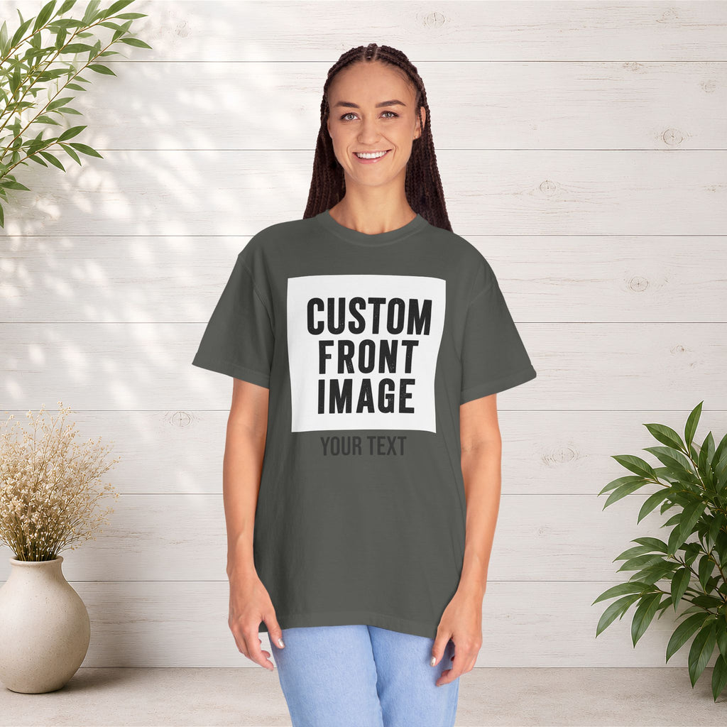 Custom Front Square Print T-Shirt — Personalized Text Bottom & Image Tee