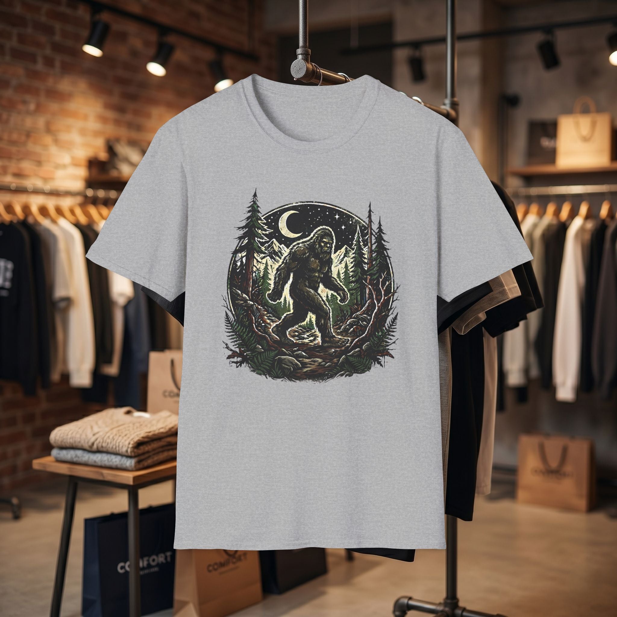 Bigfoot Forest Moon T-Shirt | Sasquatch Night Hiking Design