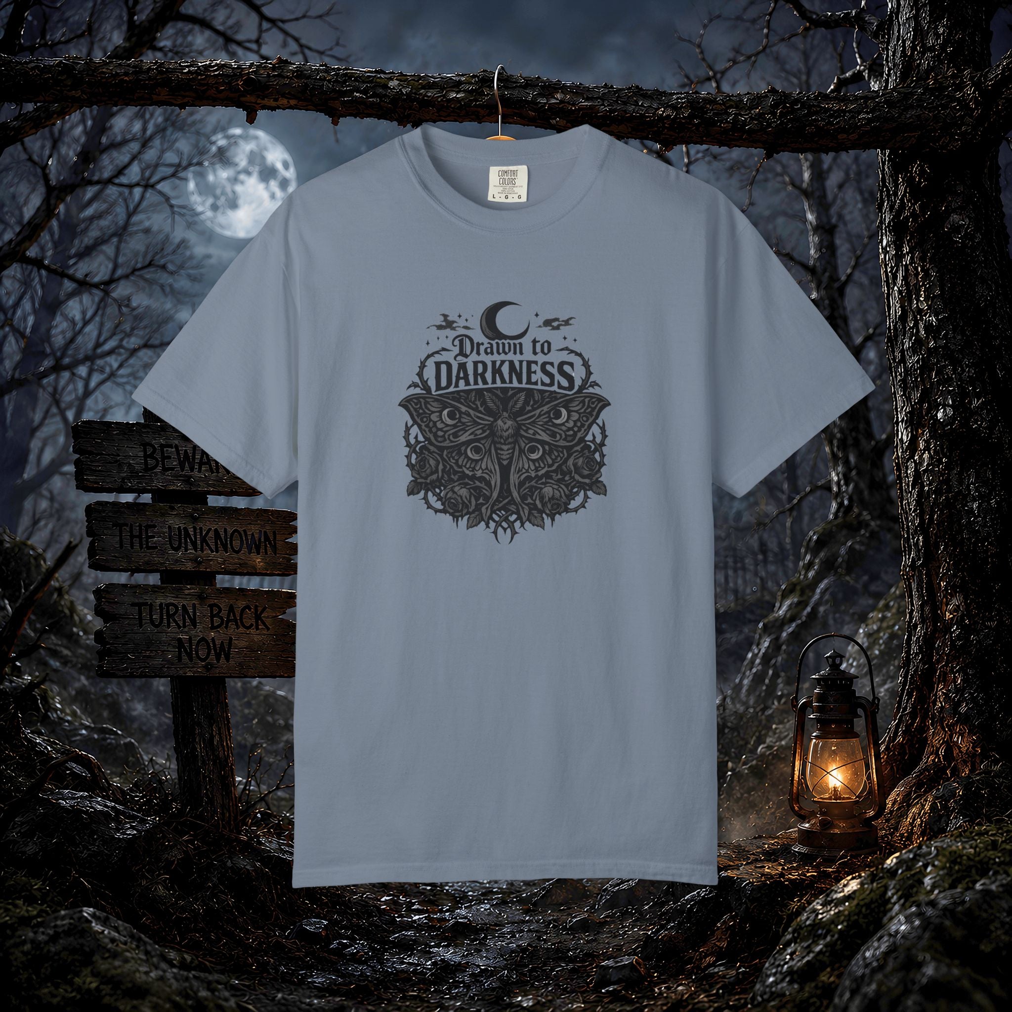 Dark Aesthetic T-Shirt — "Drawn to Darkness" Gothic Moon Graphic Tee
