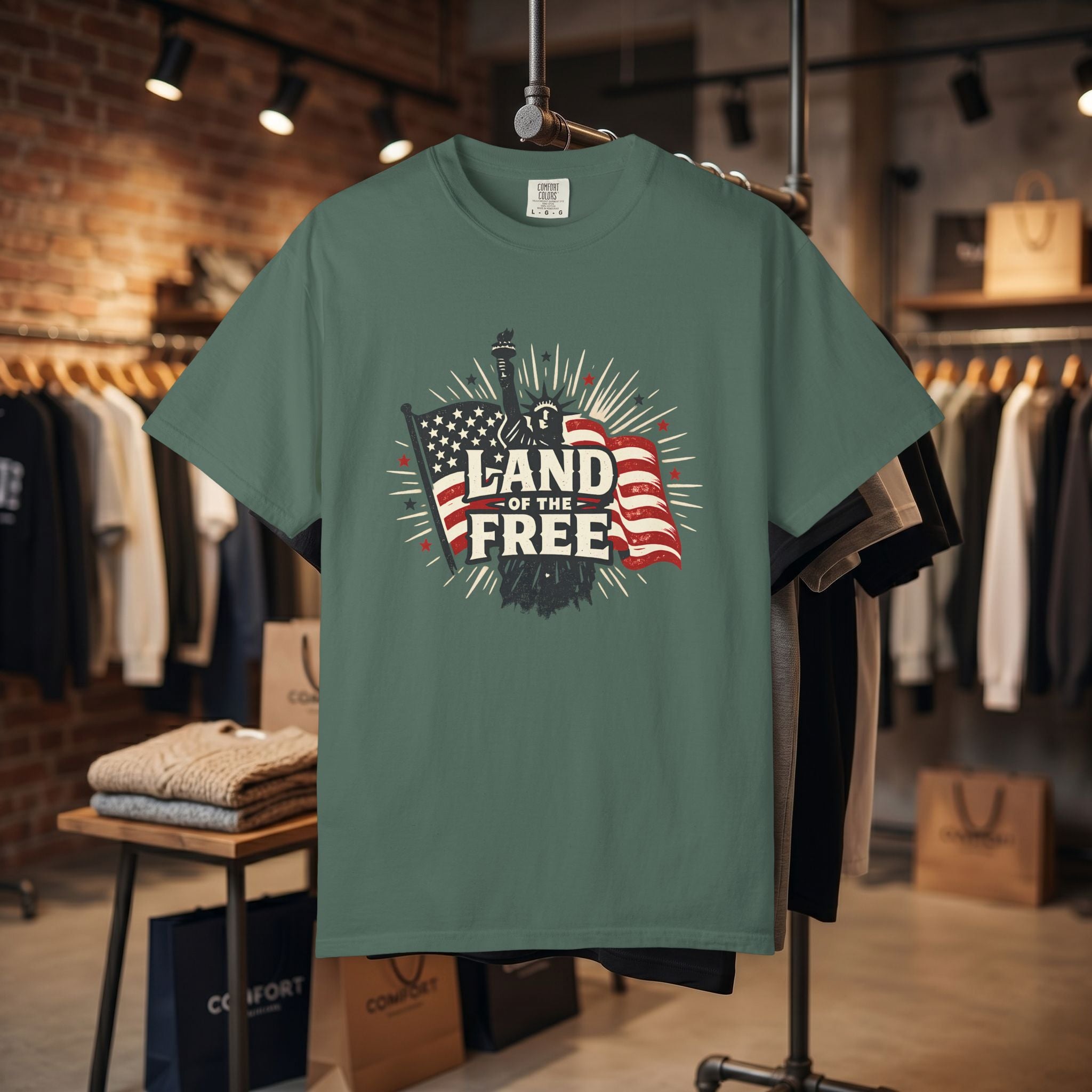 Land of the Free T-Shirt – Patriotic American Flag & Statue of Liberty Graphic