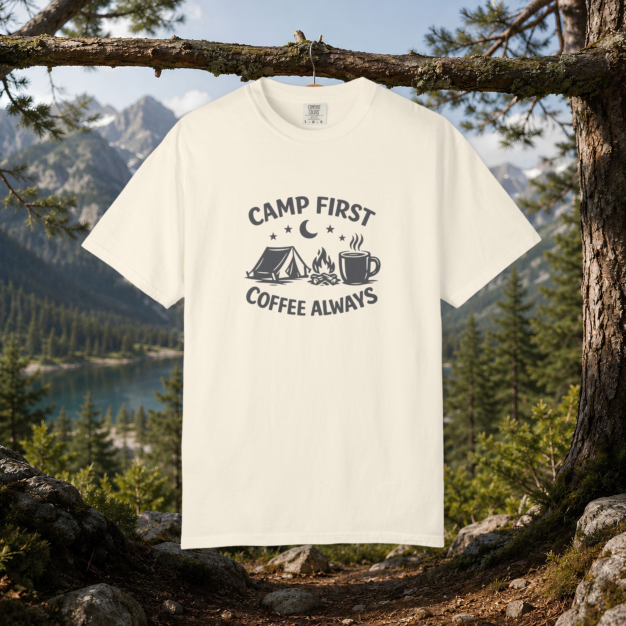 Camping T-Shirt — “Camp First, Coffee Always” Adventure Tee