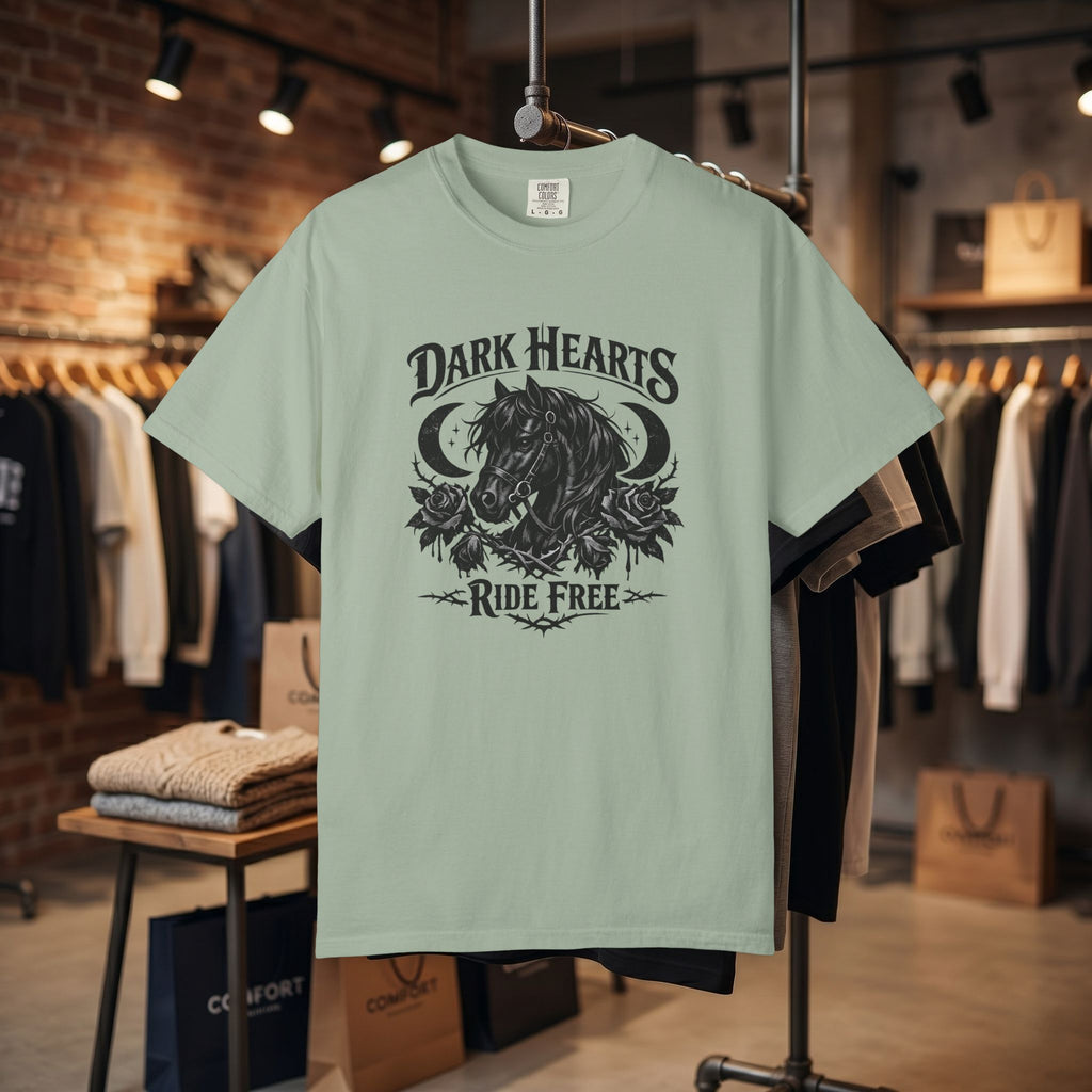 Dark Hearts Ride Free T-Shirt — Gothic Horse Rider Graphic Tee