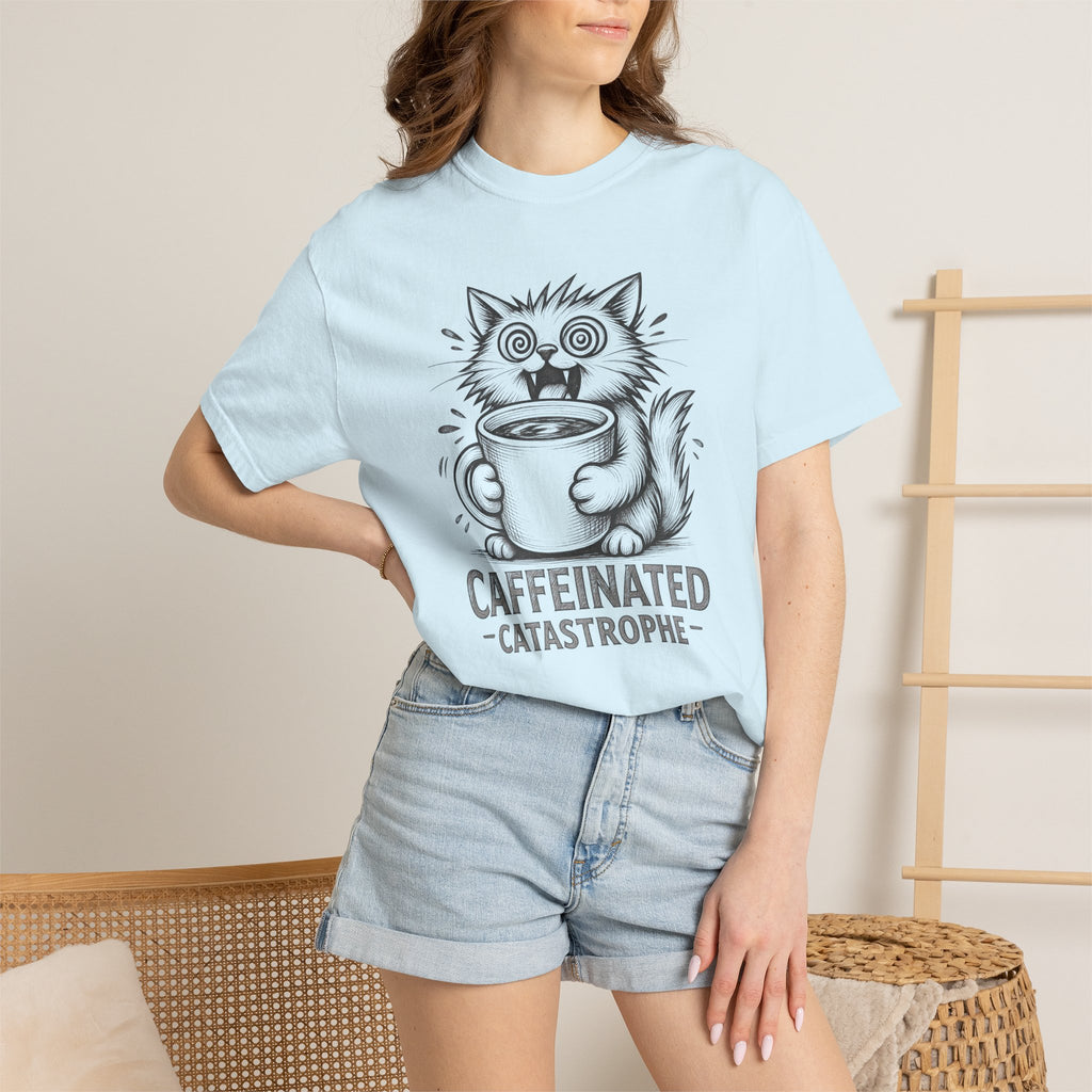 Caffeinated Cat T-Shirt — "Caffeinated Catastrophe" Coffee Lover Tee