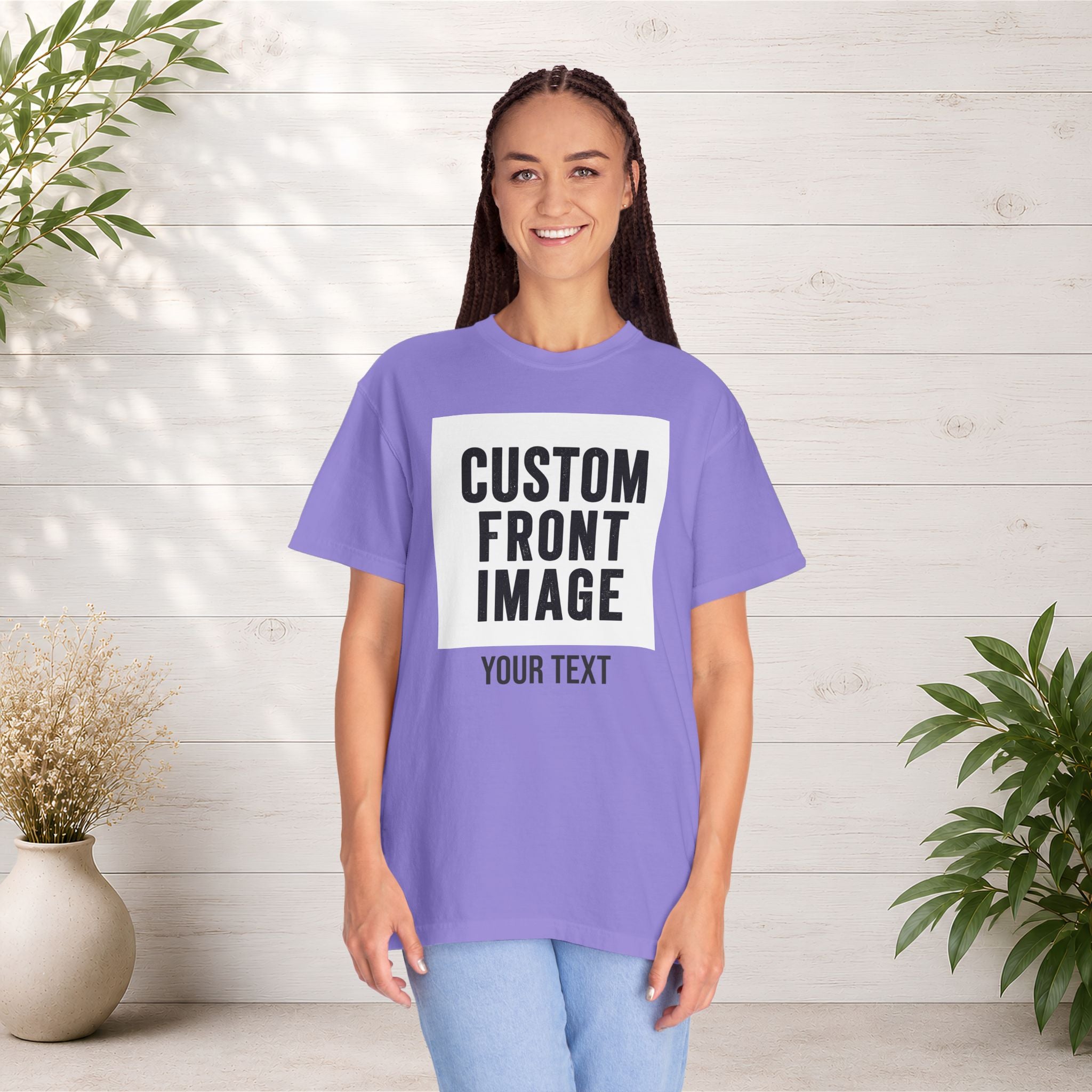 Custom Front Square Print T-Shirt — Personalized Text Bottom & Image Tee