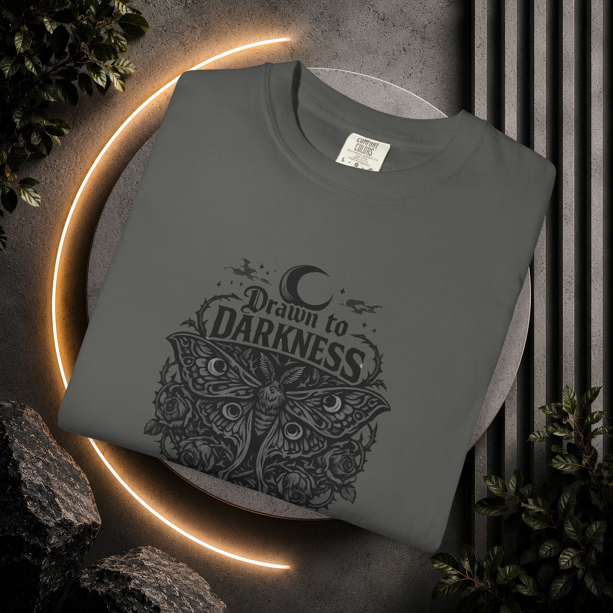 Dark Aesthetic T-Shirt — "Drawn to Darkness" Gothic Moon Graphic Tee