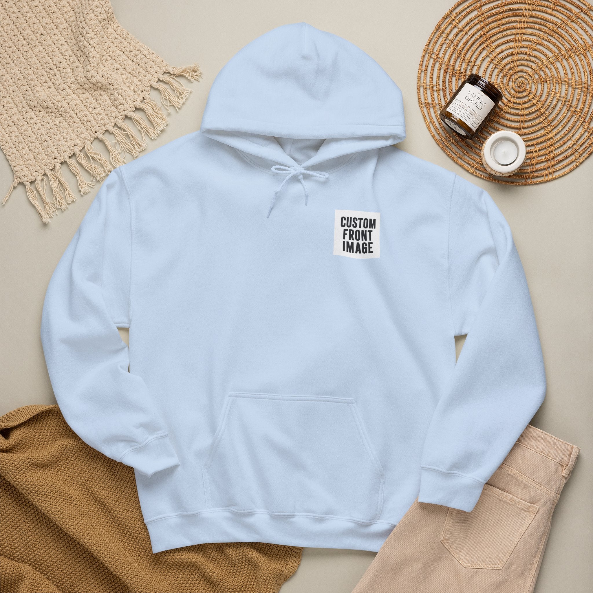 Custom Front Small Left Image Hoodie — Personalized White Pullover Hooded Sweatshirt