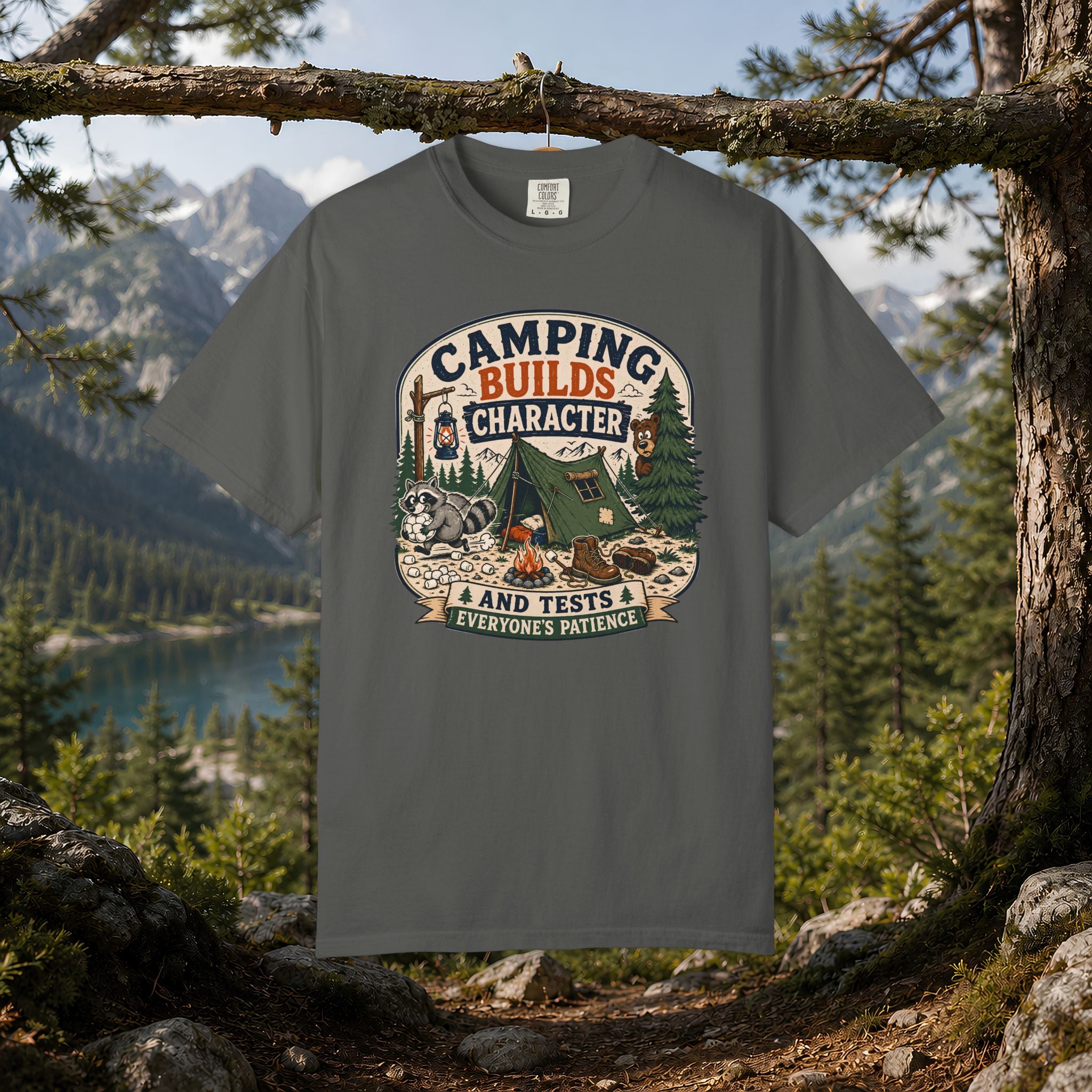 Camping Builds Character T-Shirt — Vintage Tent, Forest & Campfire Outdoor Tee