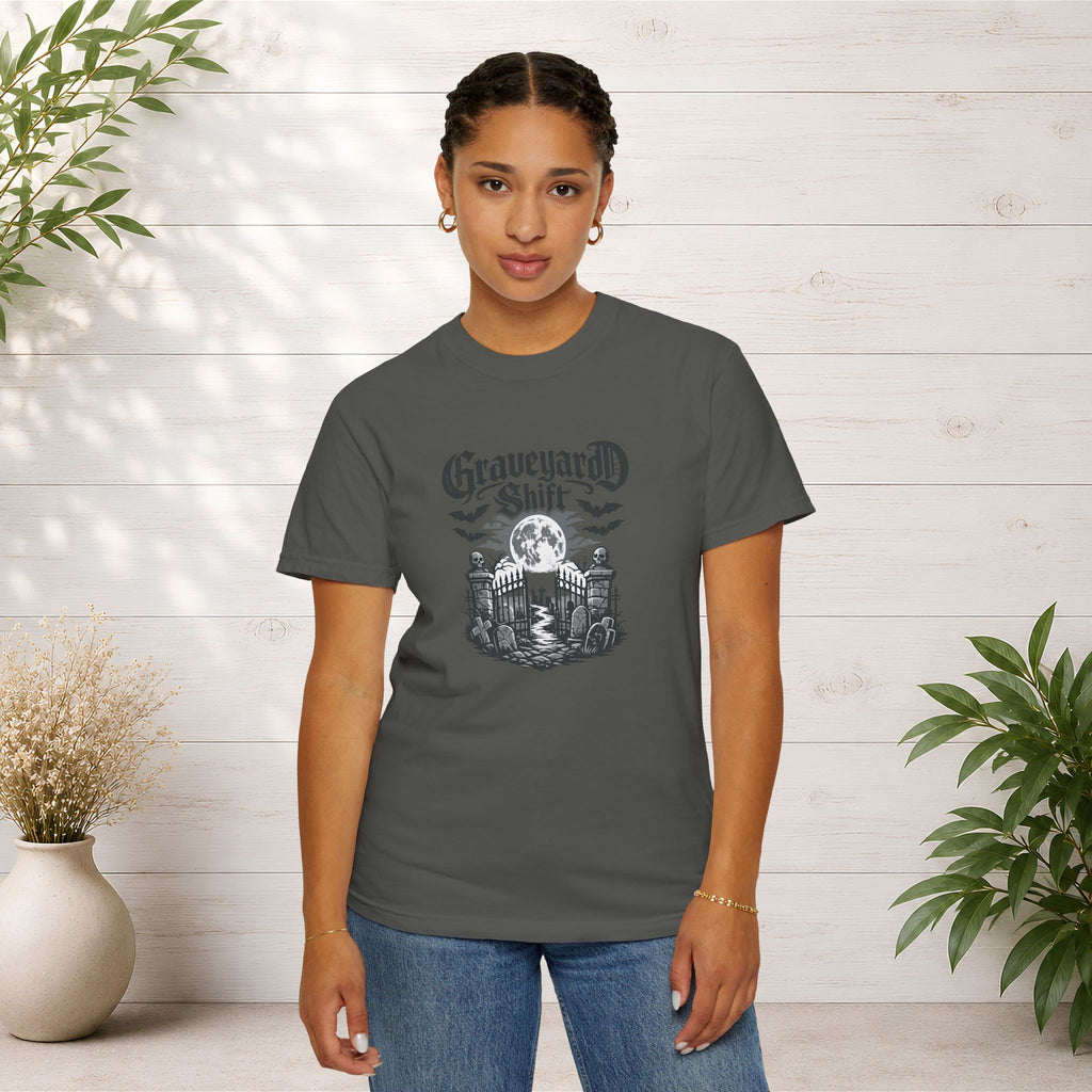 Graveyard Shift T-Shirt — Gothic Cemetery Skull Night Shift Tee