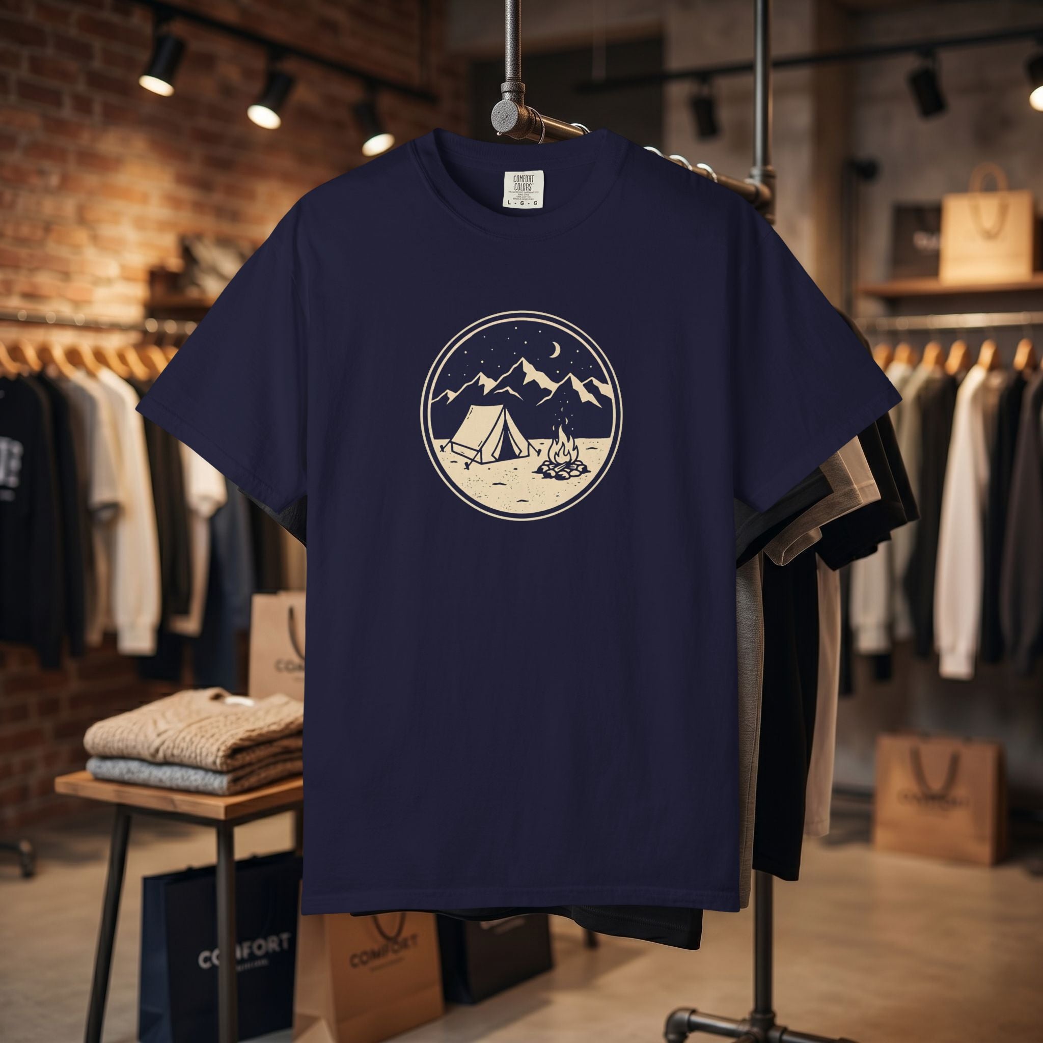 Mountain Camping Circle Art T-shirt | Tent Campfire Outdoors Tee