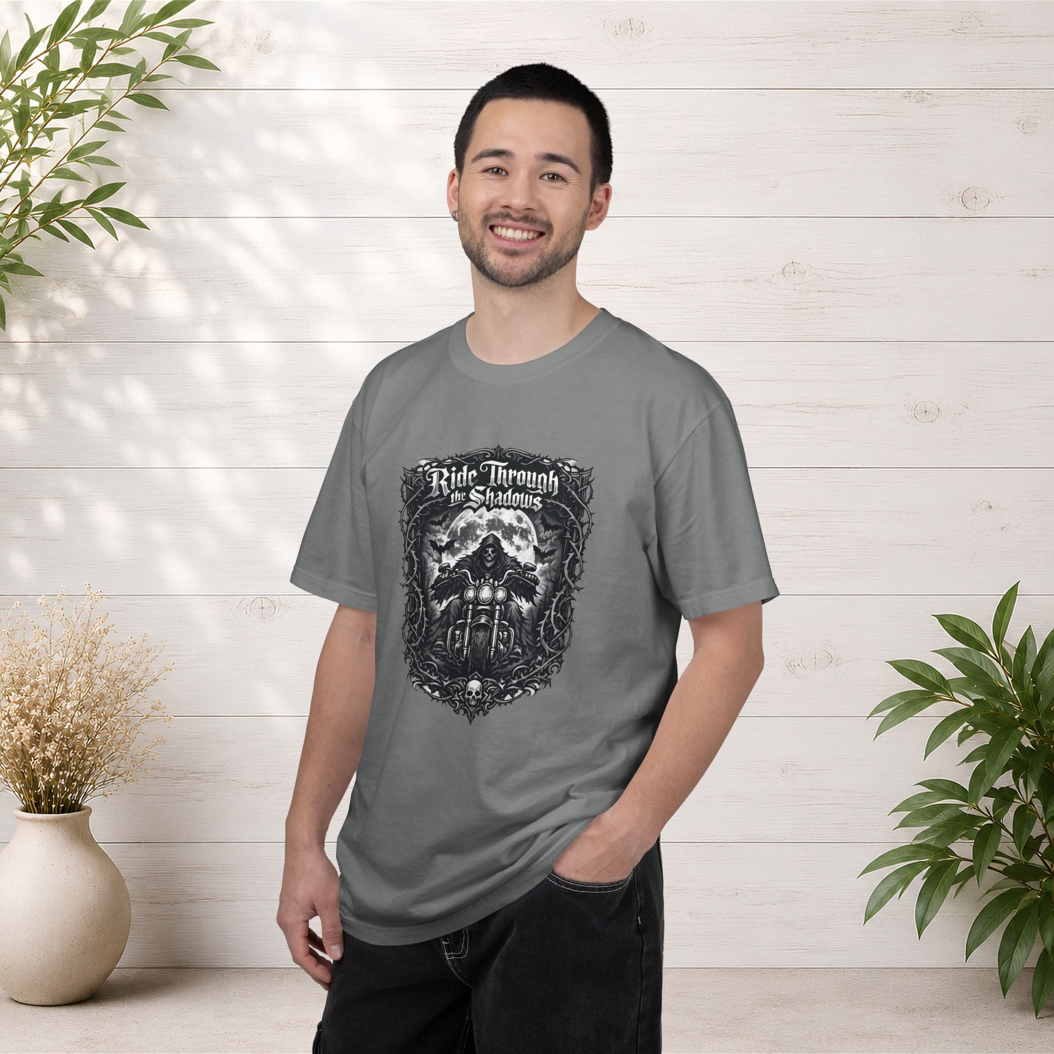 Ride Through Shadows T-Shirt — Gothic Skull Motorcycle Graphic Tee