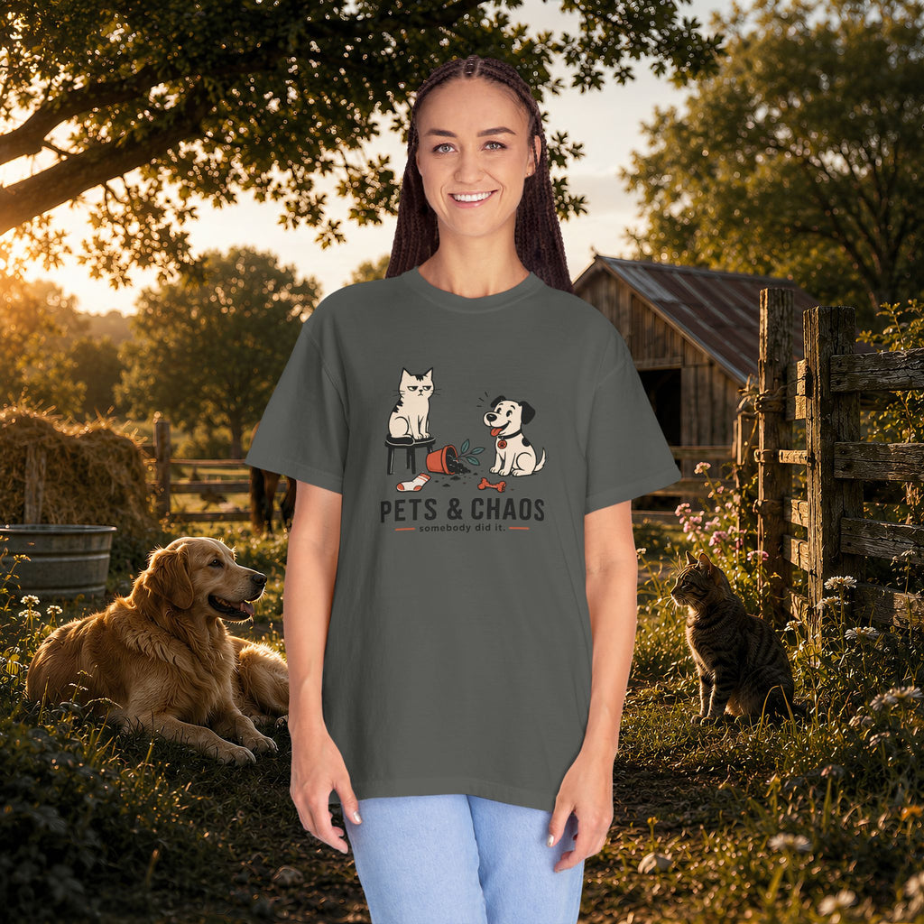 Pets & Chaos Graphic T-Shirt — Funny Cat and Dog Design