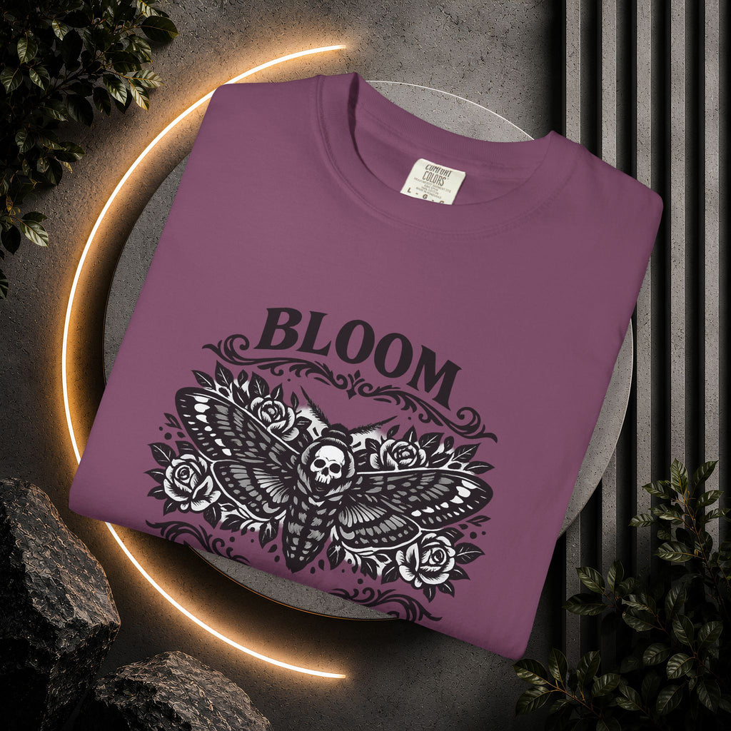 Bloom in the Shadows T-Shirt — Gothic Floral Skull Tee