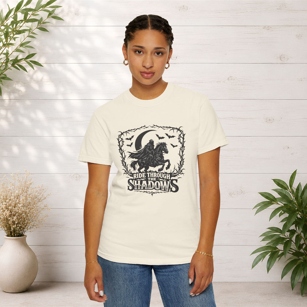 Ride Through Shadows T-Shirt — Gothic Raven Horse Moon Design
