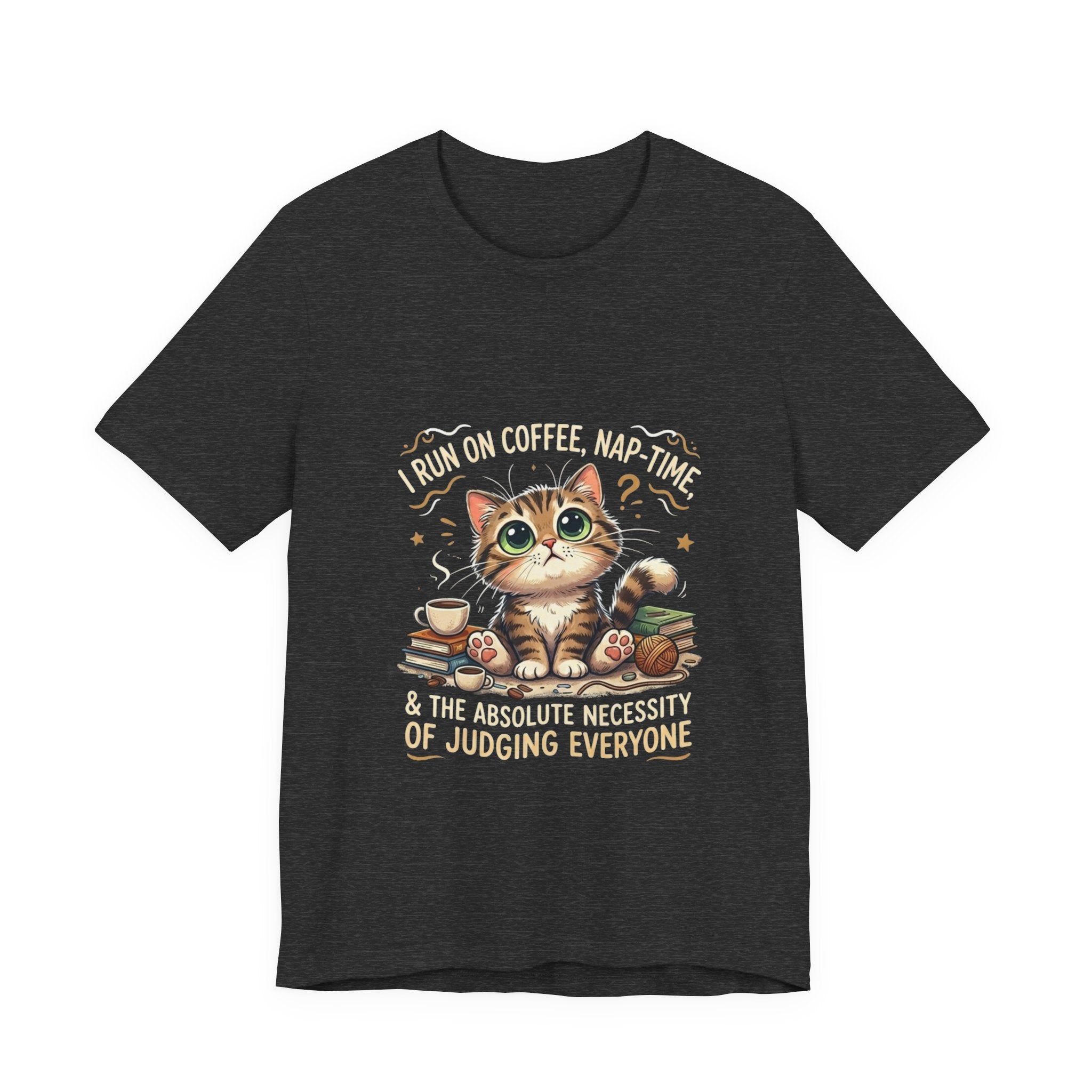 Judging Cat Coffee Books T-Shirt | Cozy Kitty Illustration Tee