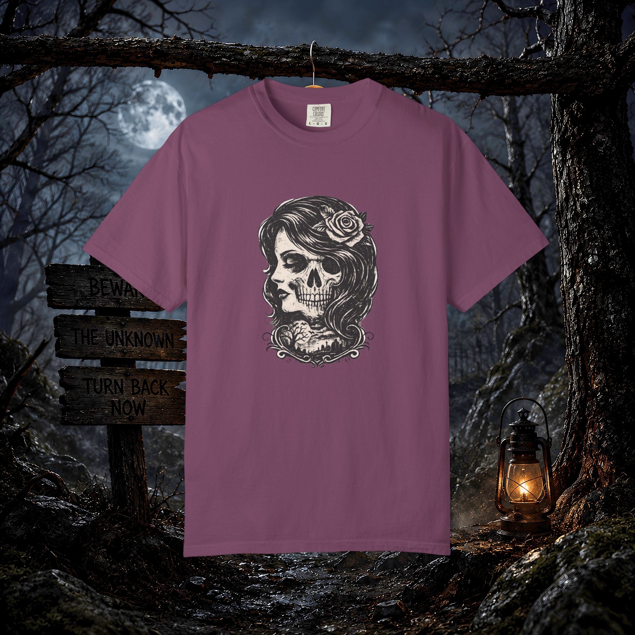 Skull Lady Rose T-Shirt — Vintage Day of the Dead Portrait Tee
