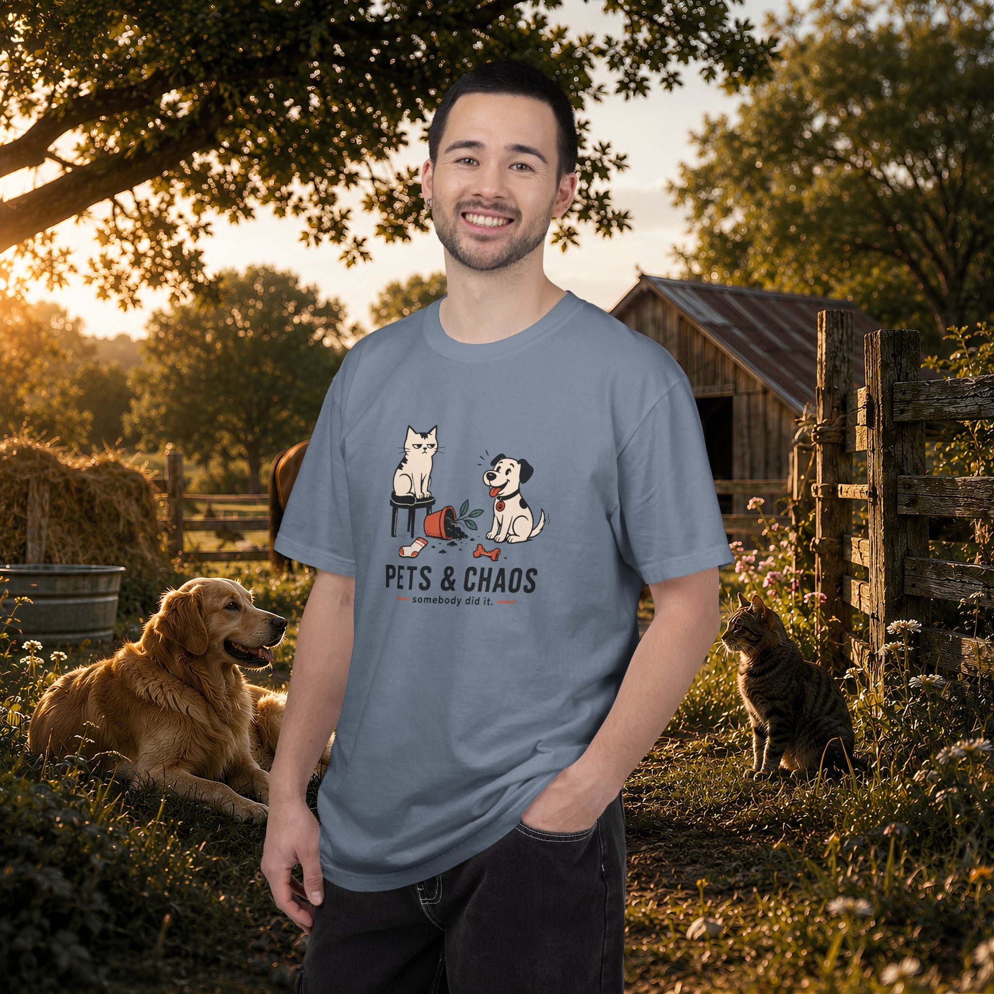 Pets & Chaos Graphic T-Shirt — Funny Cat and Dog Design