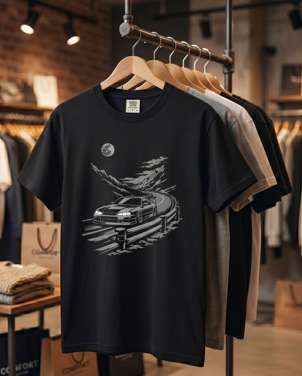 Retro Night Drive JDM car graphic T-Shirt | moonlit road illustration