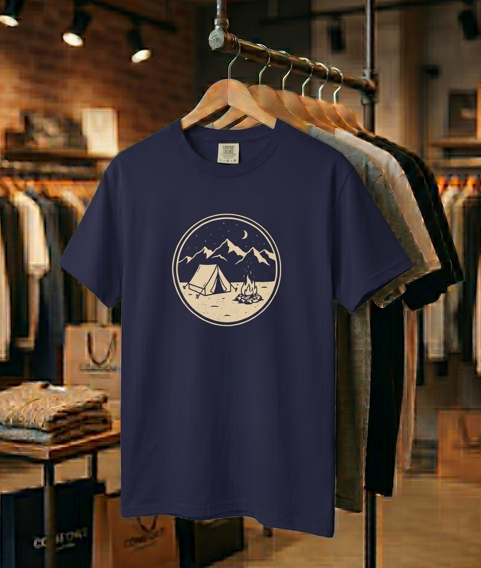 Mountain Camping Circle Art T-shirt | Tent Campfire Outdoors Tee