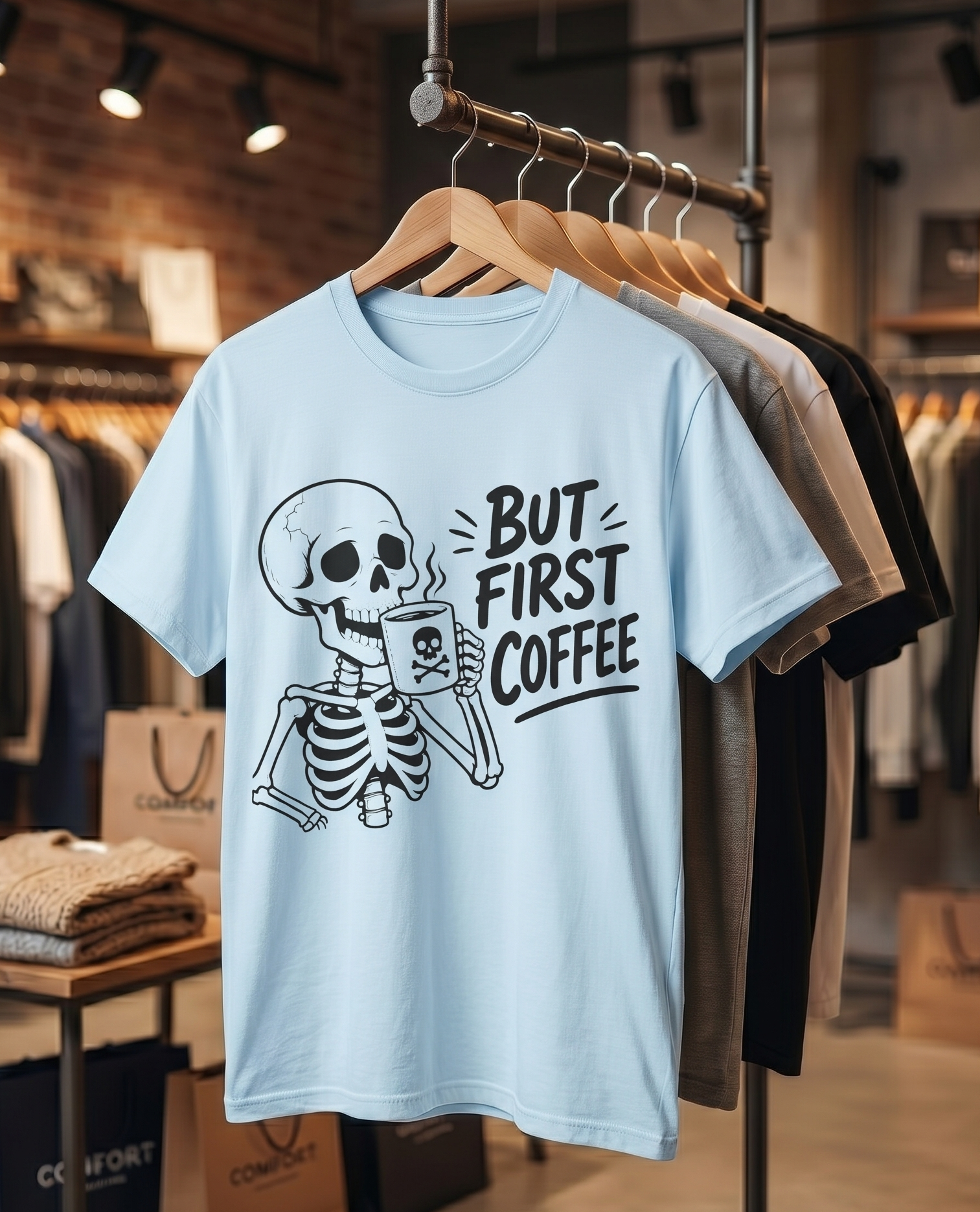 Skeleton Holding Coffee But First Coffee T-Shirt | Coffee Lover Tee