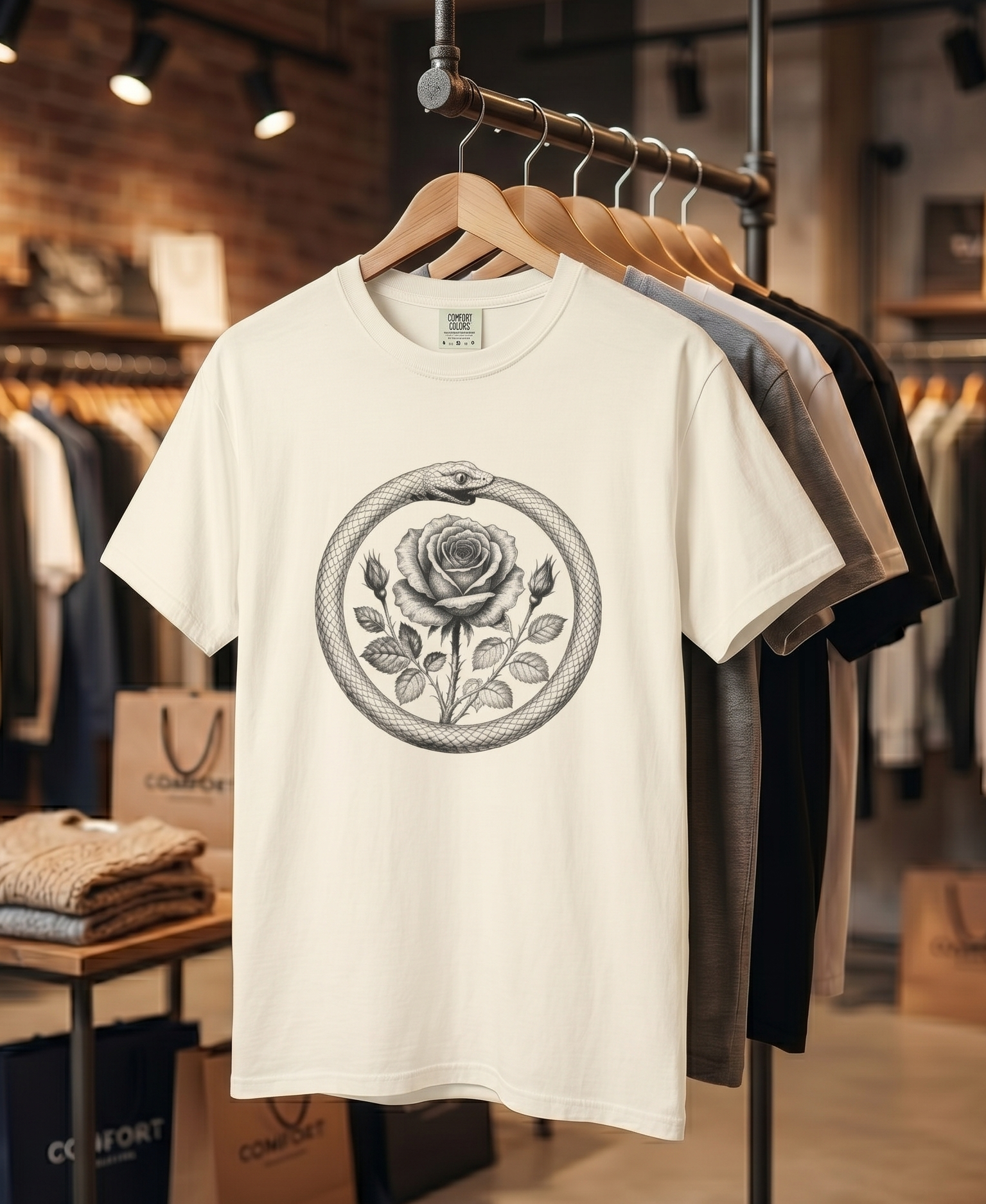 Rose in Ouroboros Snake Circle T-shirt | Botanical Vintage Line Art