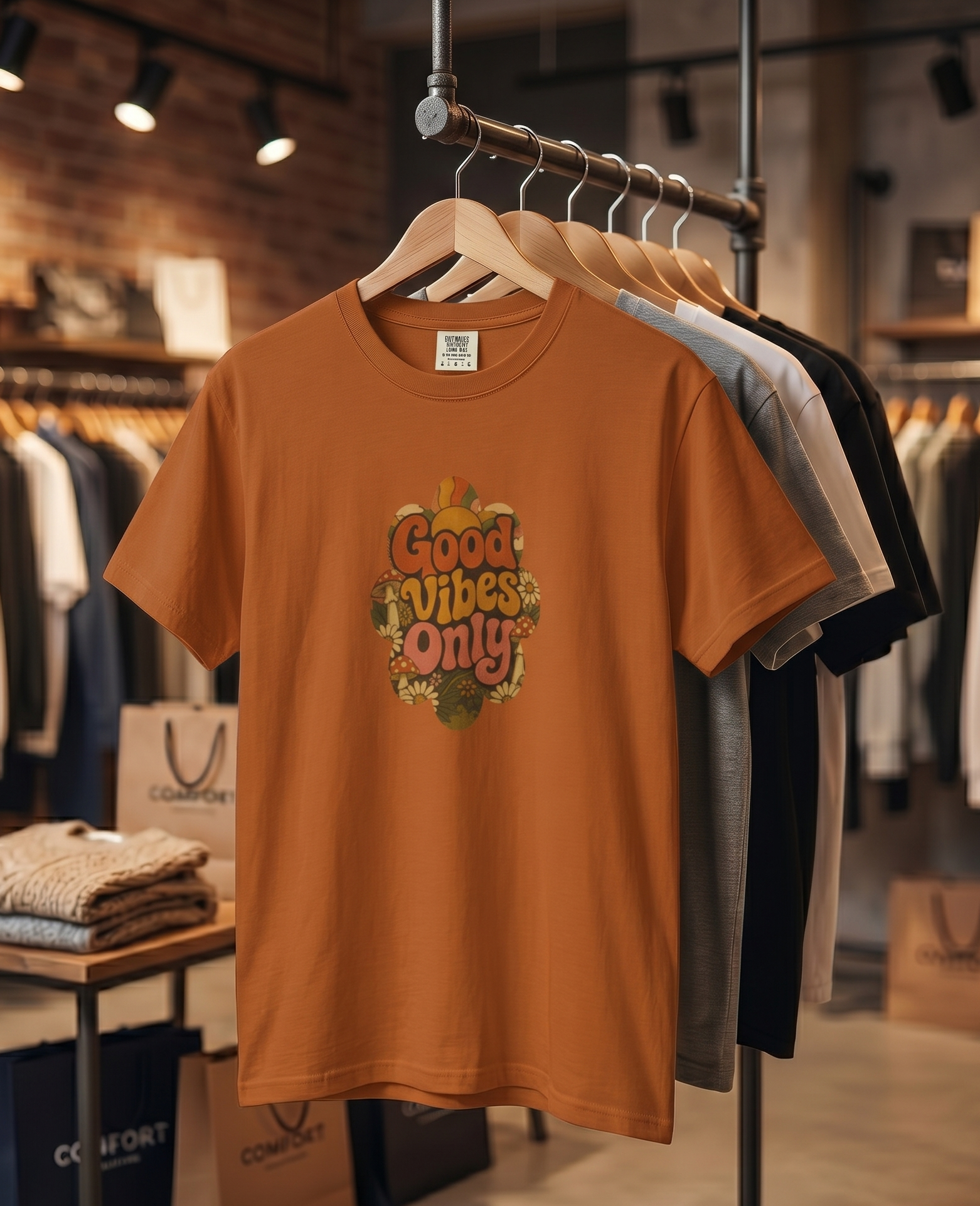 Good Vibes Only T-Shirt | Retro Floral Typography, Orange Fall Tee