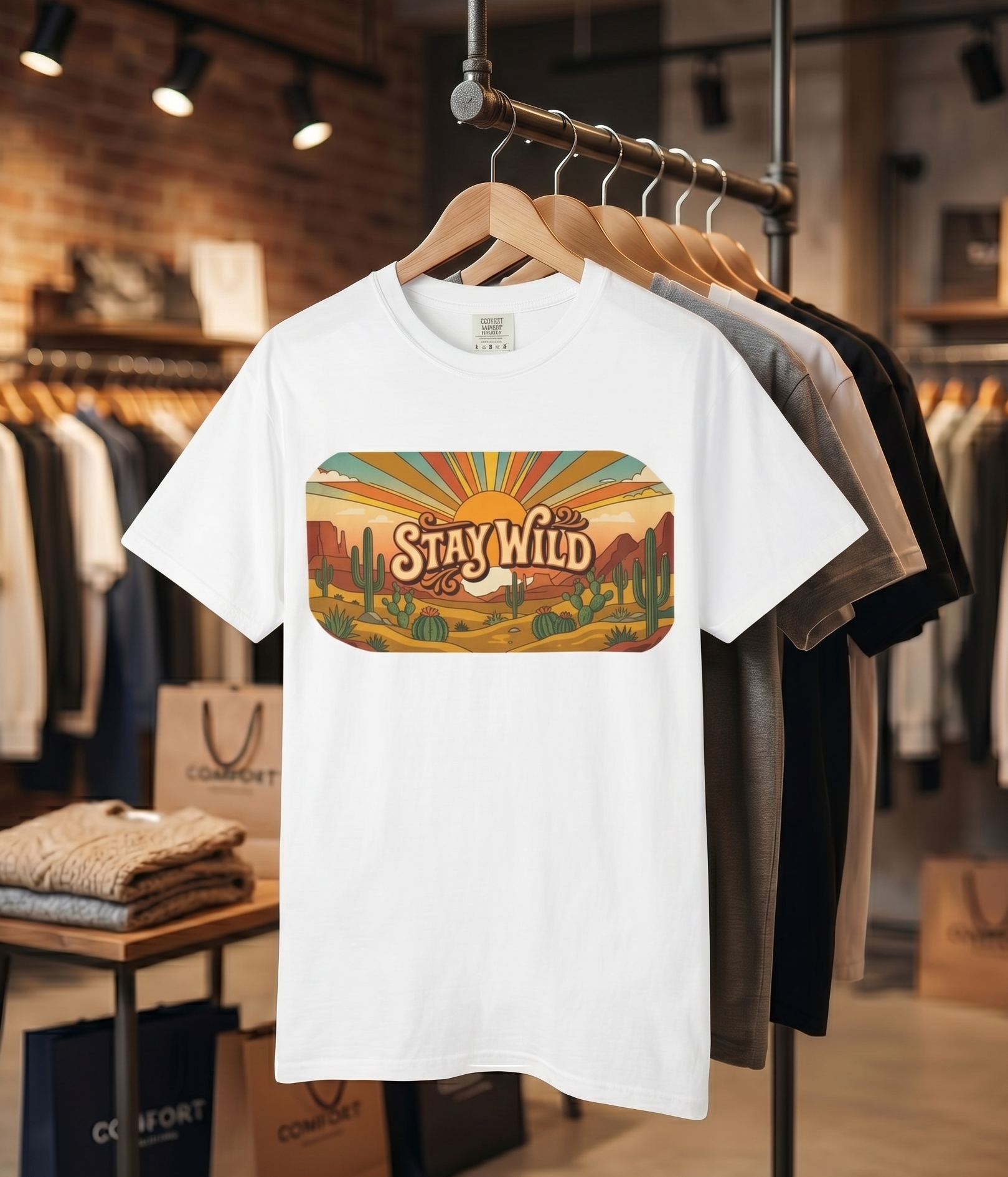 Stay Wild Desert Sunset T-shirt | Retro Cactus Landscape