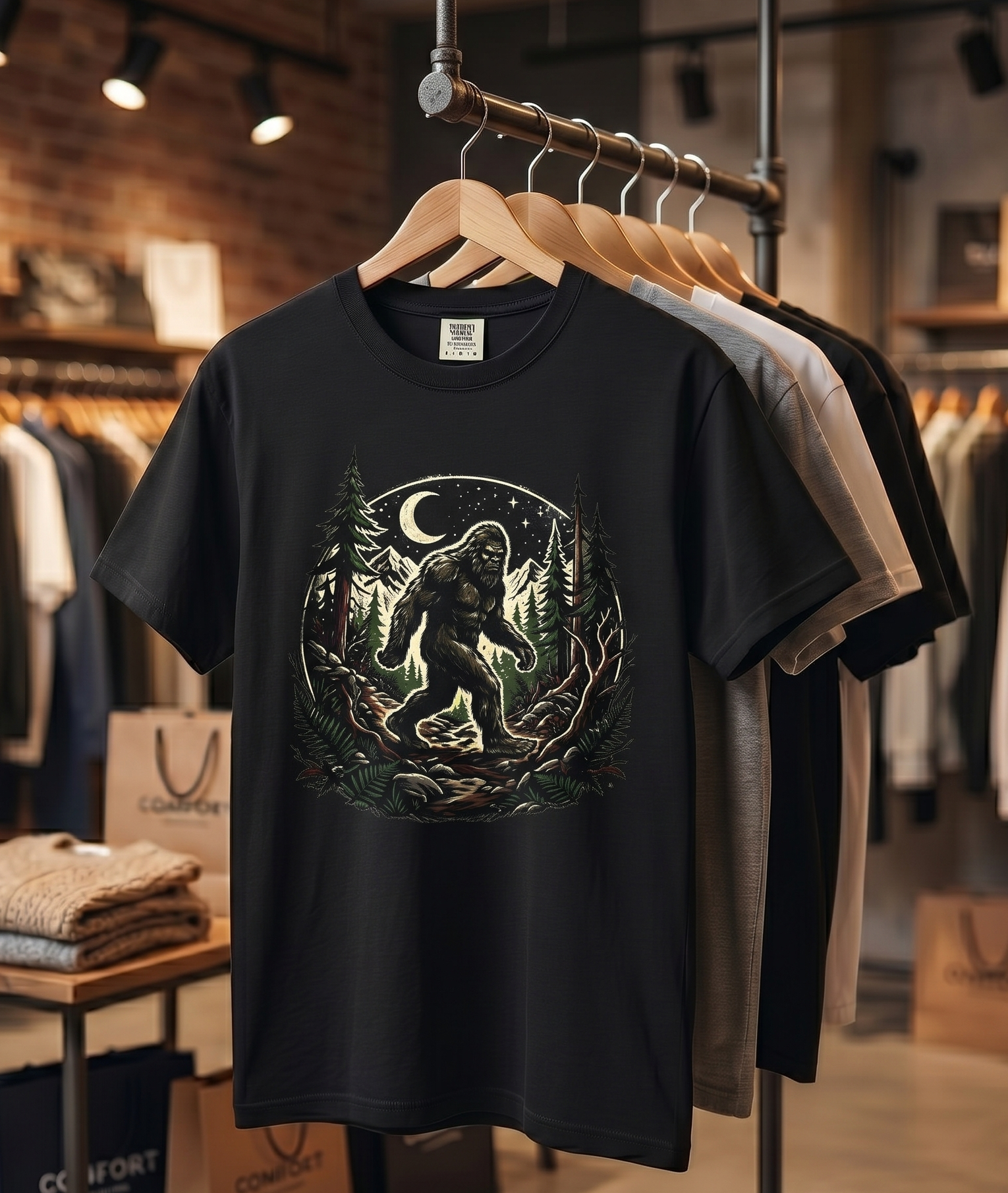 Bigfoot Forest Moon T-Shirt | Sasquatch Night Hiking Design