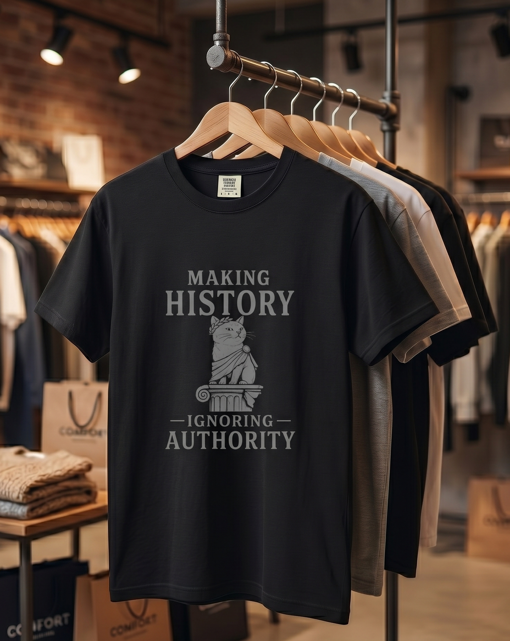Making History cat statue T-Shirt | "Making History Ignoring Authority" design