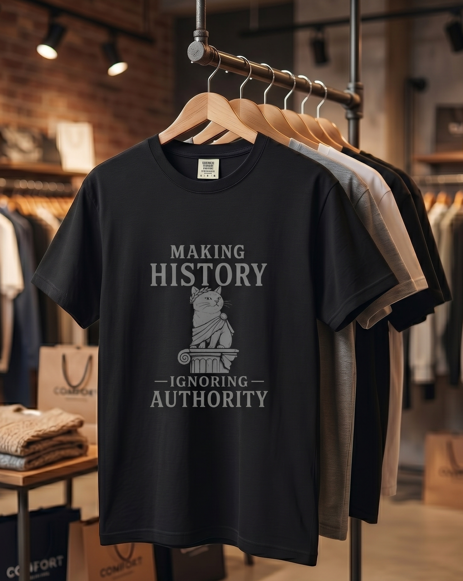Making History cat statue T-Shirt | "Making History Ignoring Authority" design