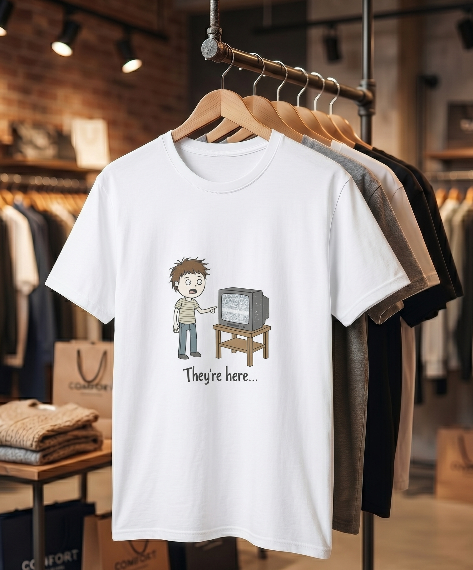 Poltergeist Film Based Theyre Here TV Static T-Shirt | Retro Horror Cartoon