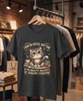 Judging Cat Coffee Books T-Shirt | Cozy Kitty Illustration Tee
