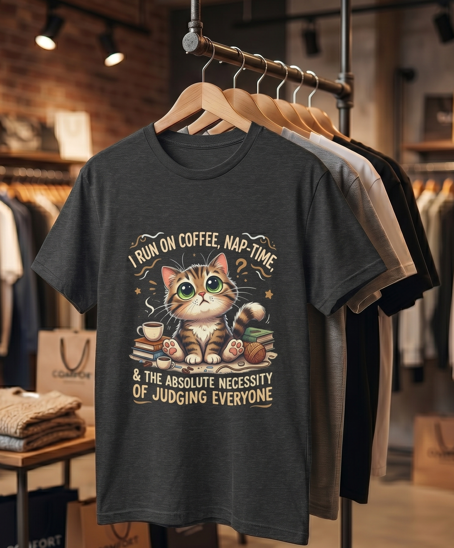 Judging Cat Coffee Books T-Shirt | Cozy Kitty Illustration Tee