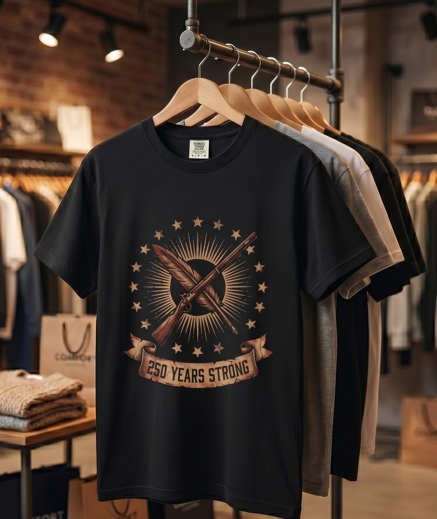 250 Years Strong flag rifle crest T-shirt | patriotic American heritage