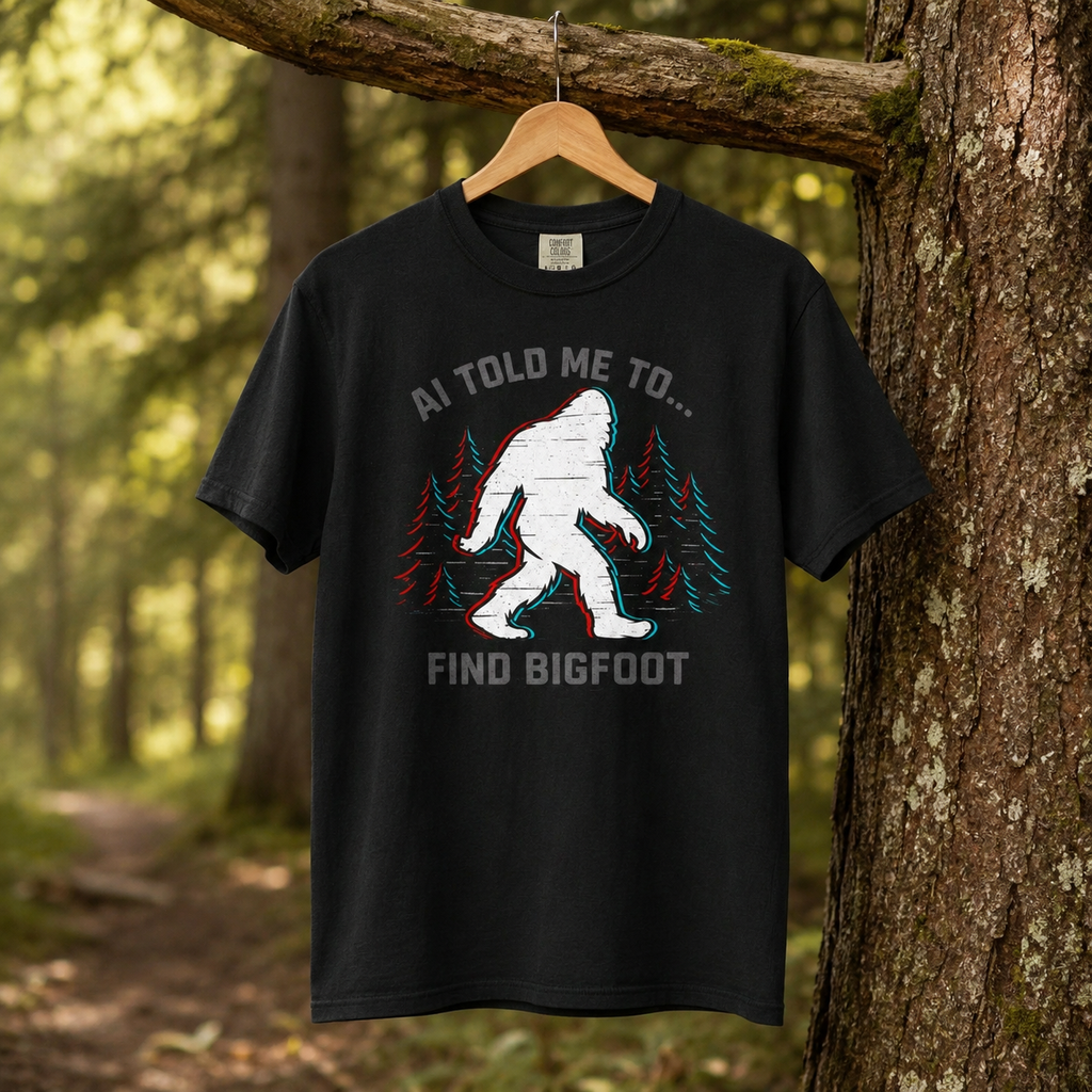 AI Told Me to Find Bigfoot T-Shirt | Bigfoot Sasquatch Forest Graphic