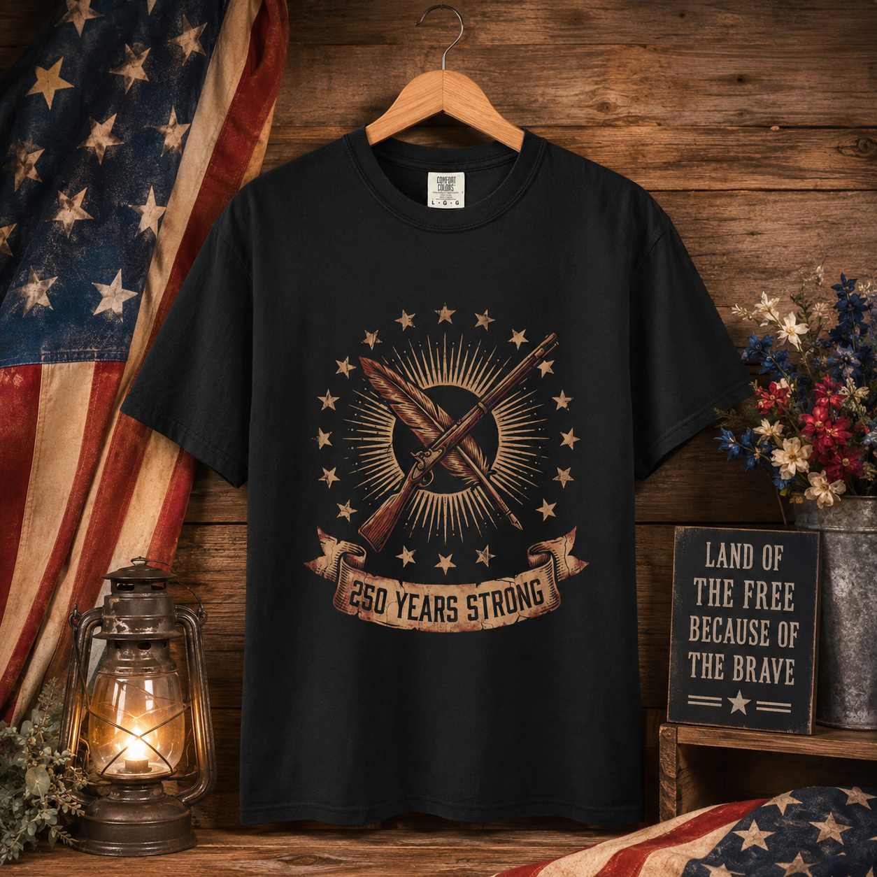 250 Years Strong flag rifle crest T-shirt | patriotic American heritage