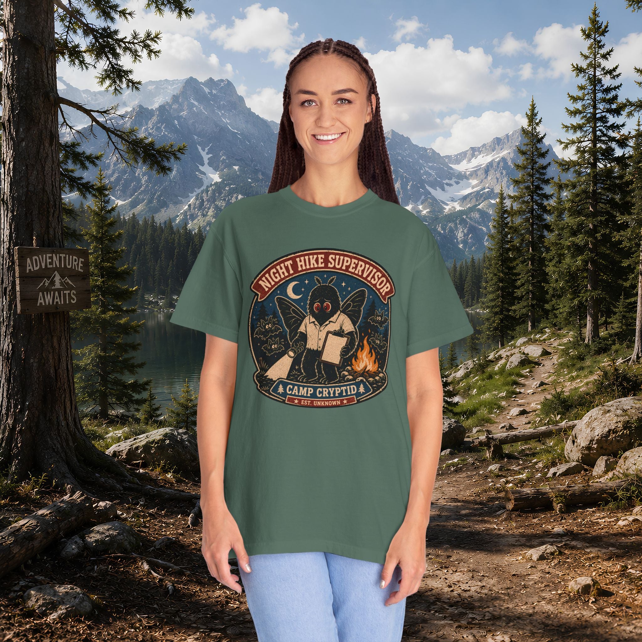 Night Hike Supervisor Mothman T‑Shirt — Camp Cryptid Retro Outdoor Badge