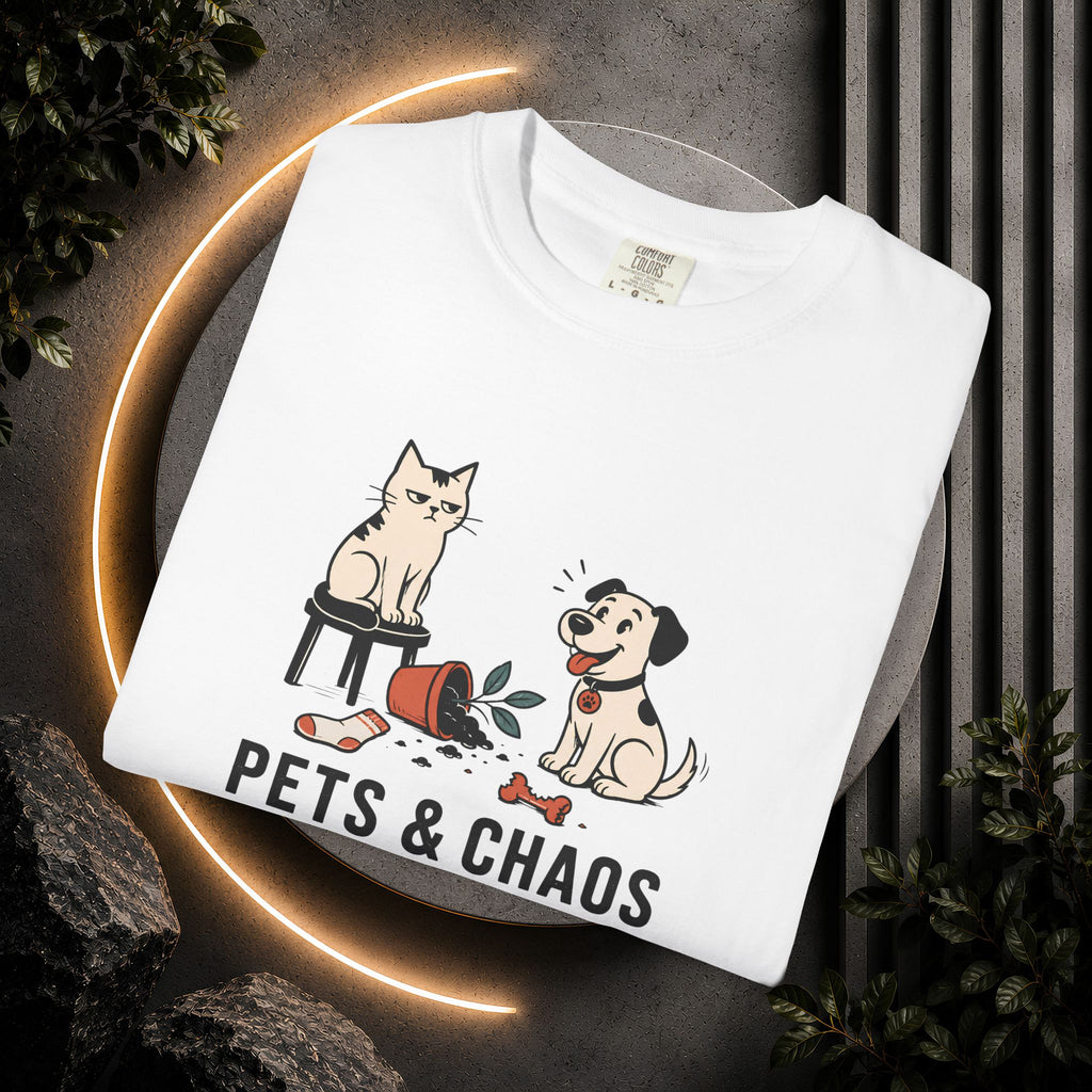 Pets & Chaos Graphic T-Shirt — Funny Cat and Dog Design