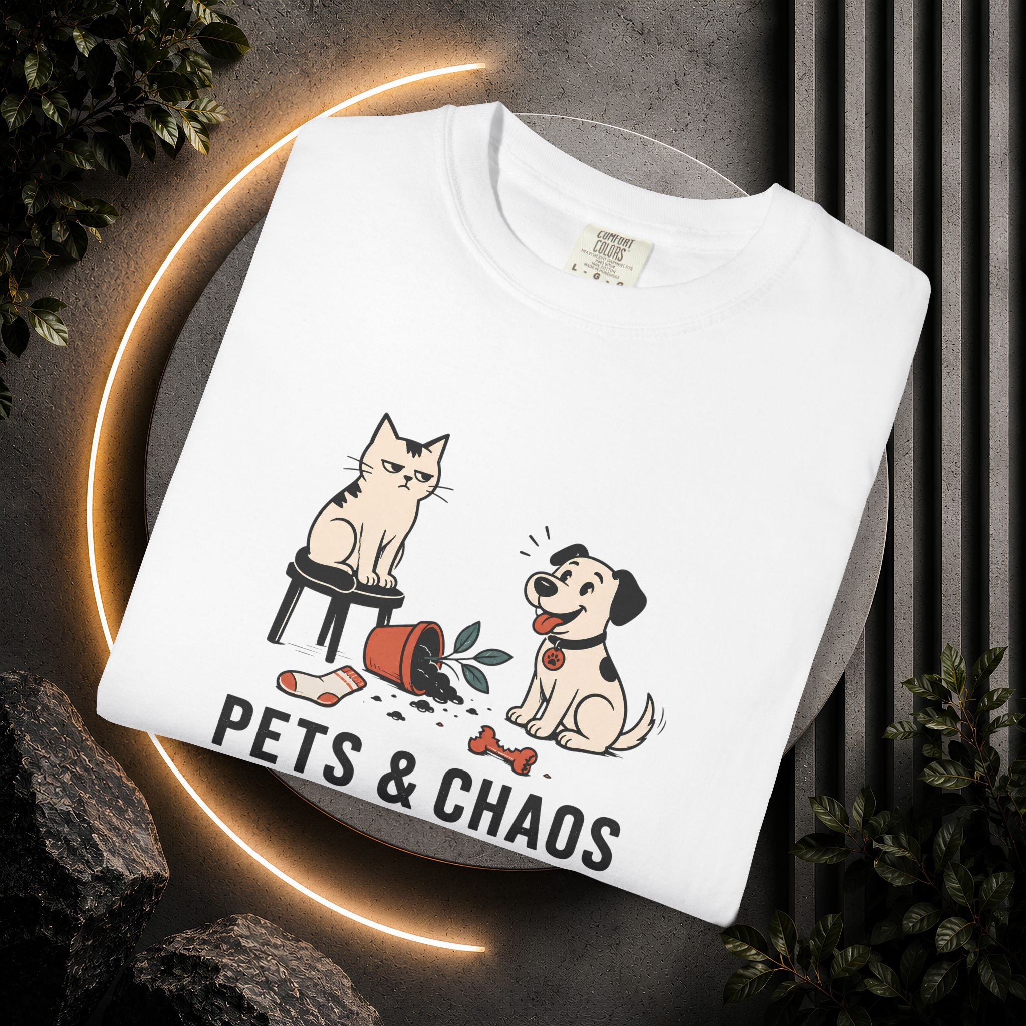 Pets & Chaos Graphic T-Shirt — Funny Cat and Dog Design