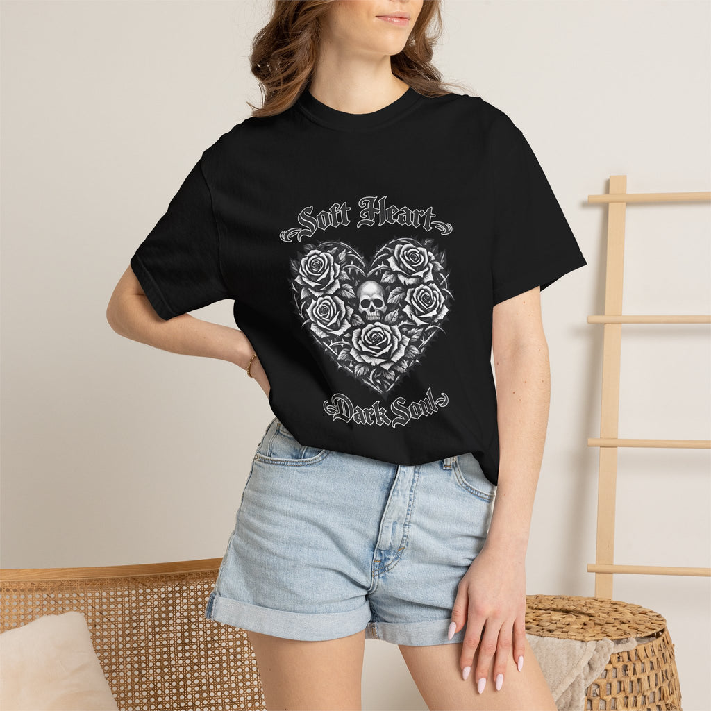 Soft Heart Dark Soul T-Shirt — Gothic Rose Skull Graphic Tee