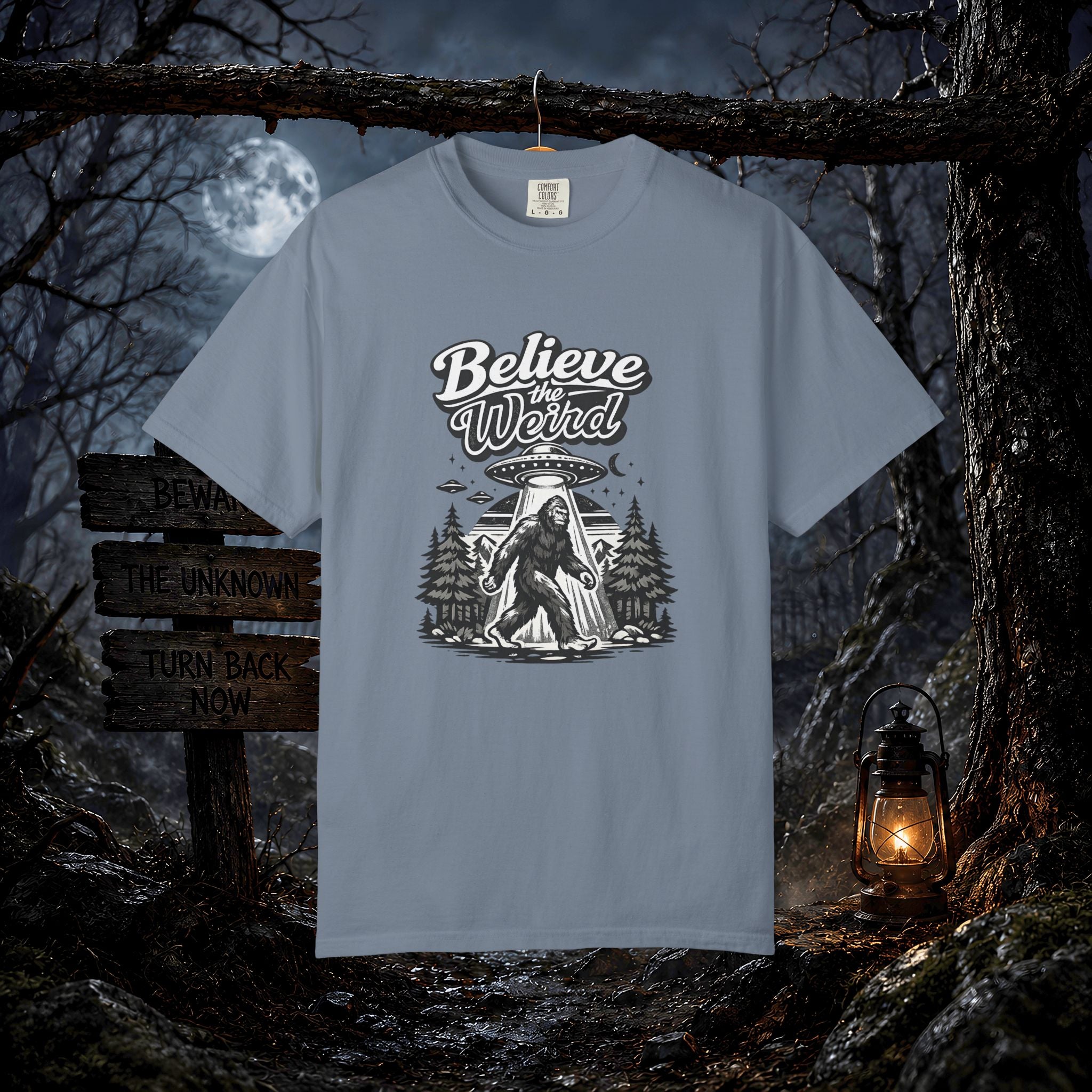 Believe the Weird T-Shirt — Bigfoot Forest UFO Graphic Tee