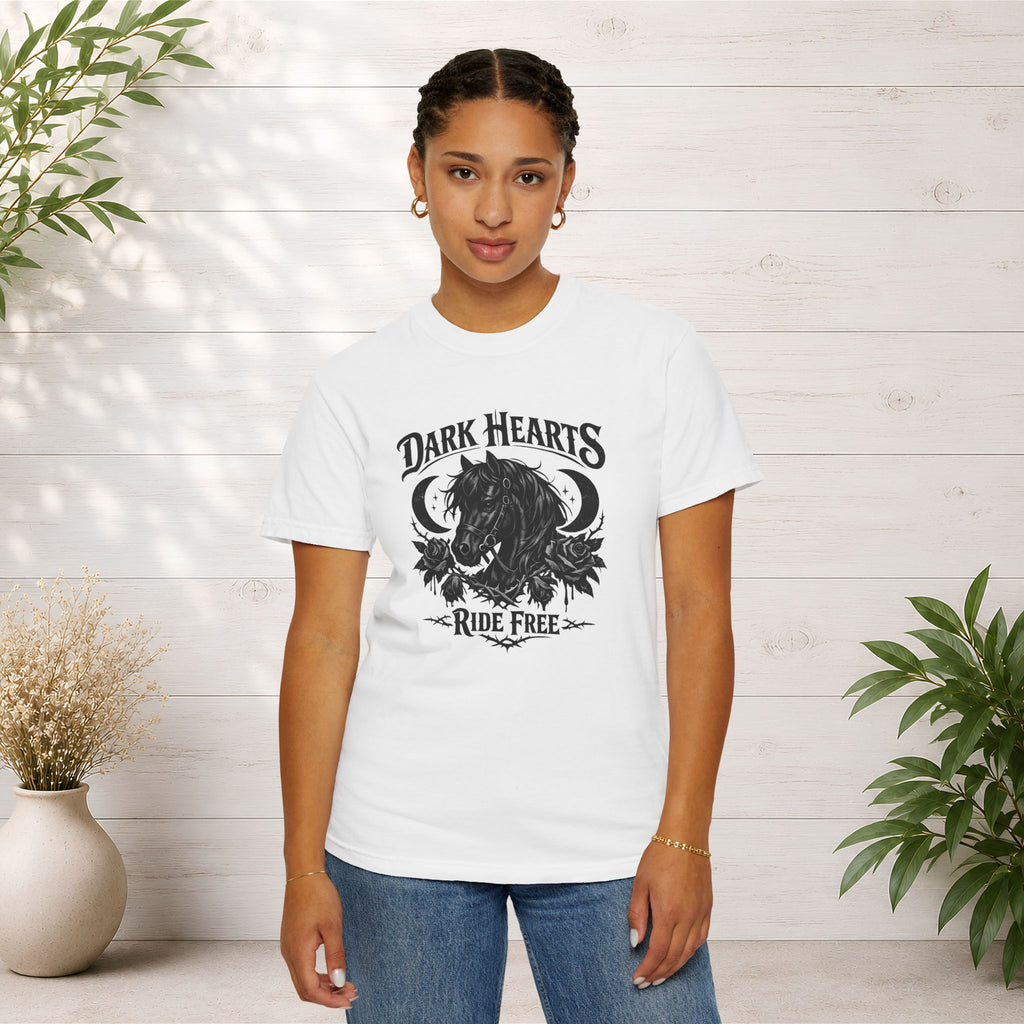 Dark Hearts Ride Free T-Shirt — Gothic Horse Rider Graphic Tee