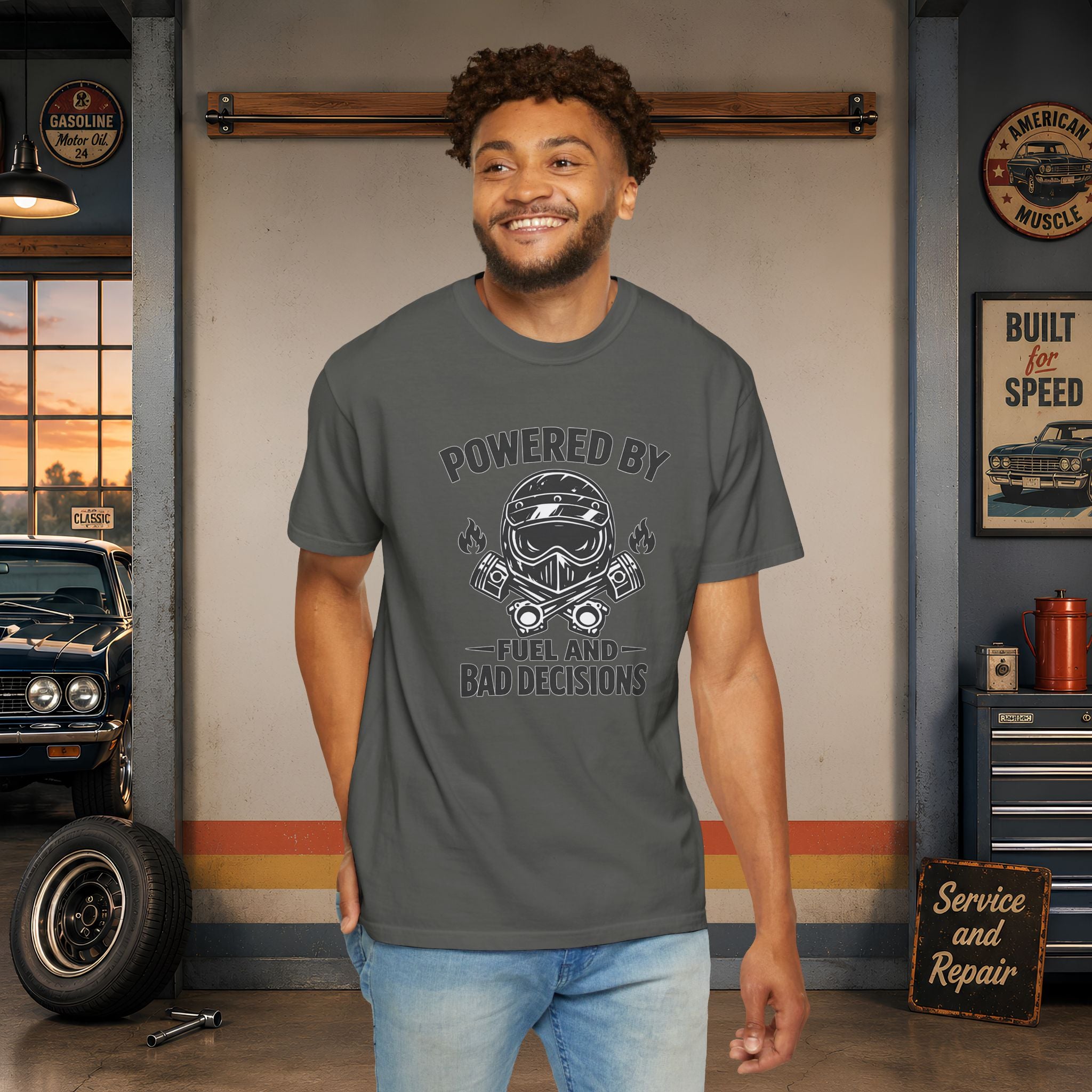 Powered By Fuel And Bad Decisions T-Shirt — Motorcycle Helmet Graphic Tee