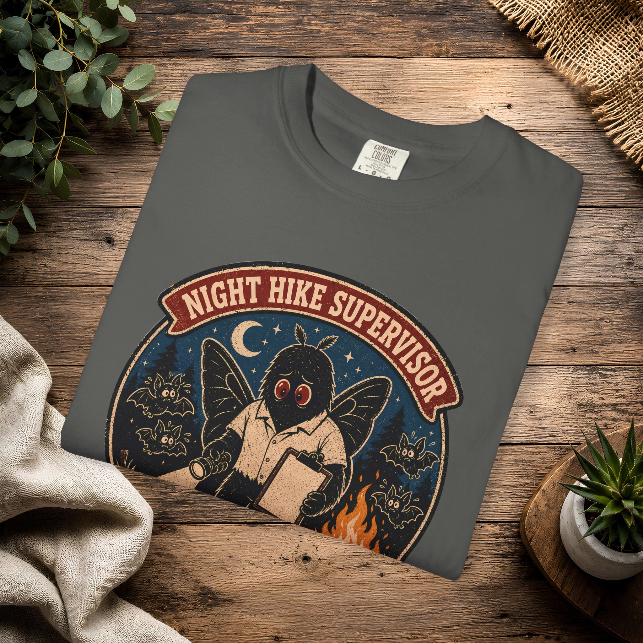 Night Hike Supervisor Mothman T‑Shirt — Camp Cryptid Retro Outdoor Badge