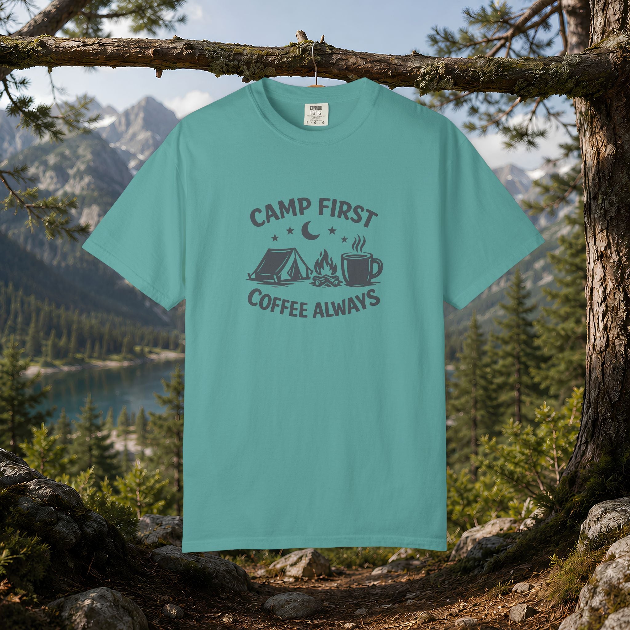 Camping T-Shirt — “Camp First, Coffee Always” Adventure Tee