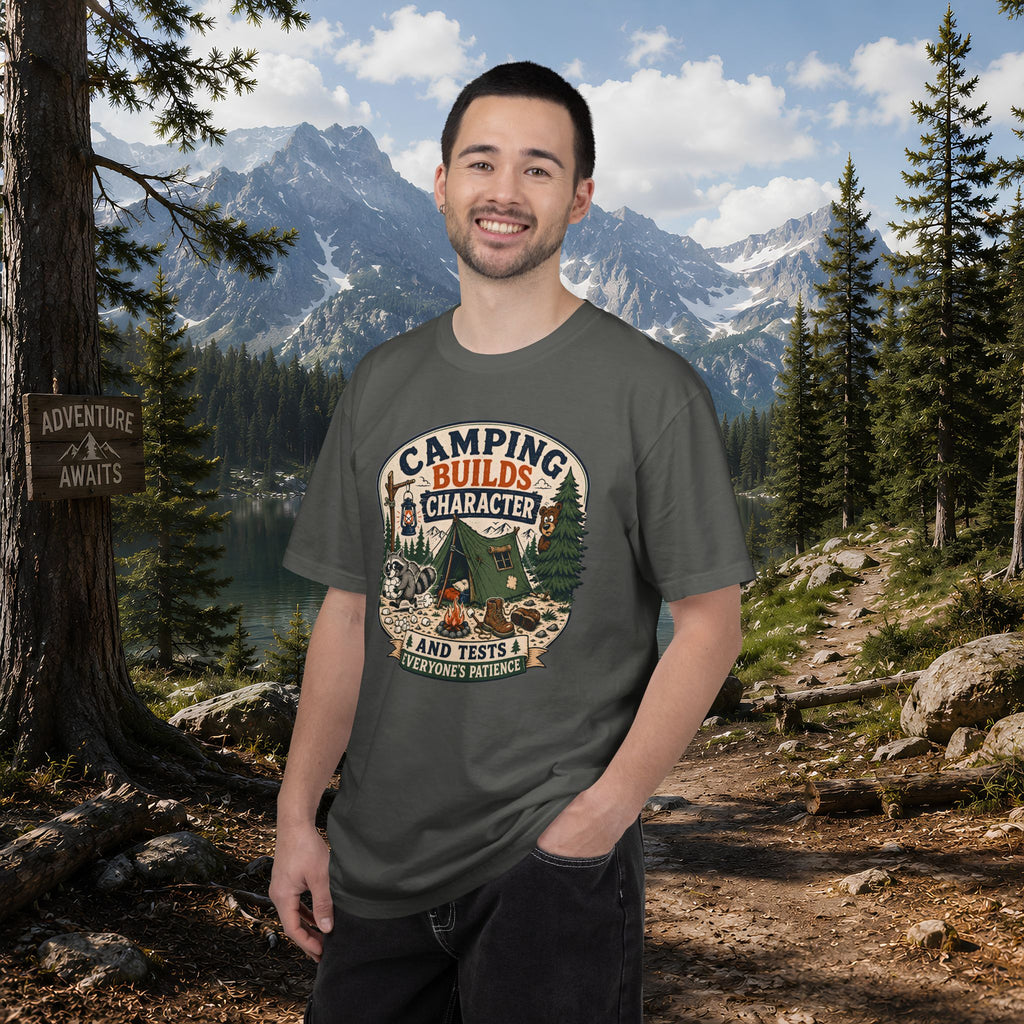 Camping Builds Character T-Shirt — Vintage Tent, Forest & Campfire Outdoor Tee