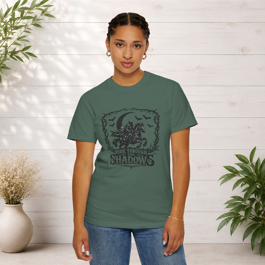Ride Through Shadows T-Shirt — Gothic Raven Horse Moon Design