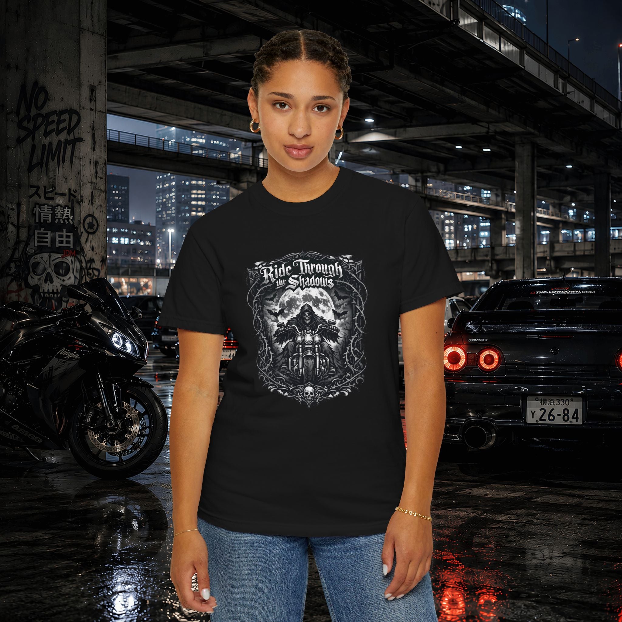 Ride Through Shadows T-Shirt — Gothic Skull Motorcycle Graphic Tee
