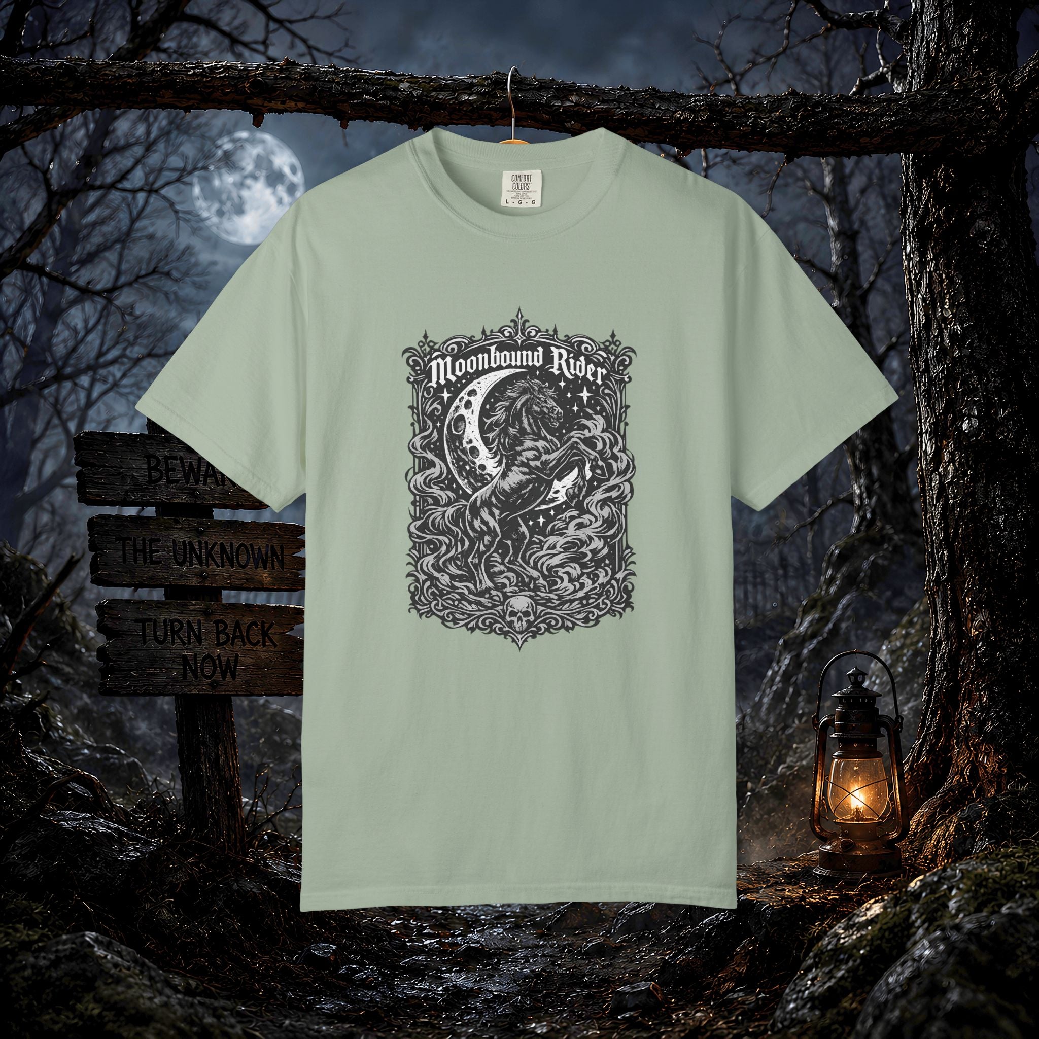 Moonbound Rider T‑Shirt — Gothic Horse Moon Design